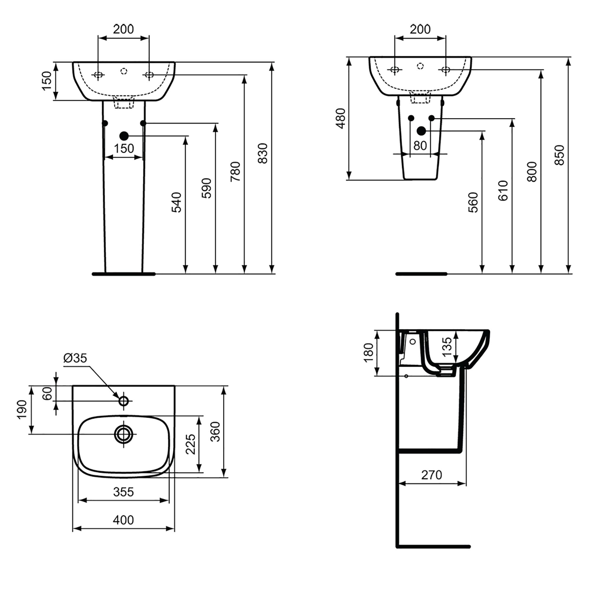 Ideal Standard i.life S Semi-Countertop Floorstanding Basin Unit with Chrome Handles & Basin Matt White 600mm x 210mm x 835mm - 3