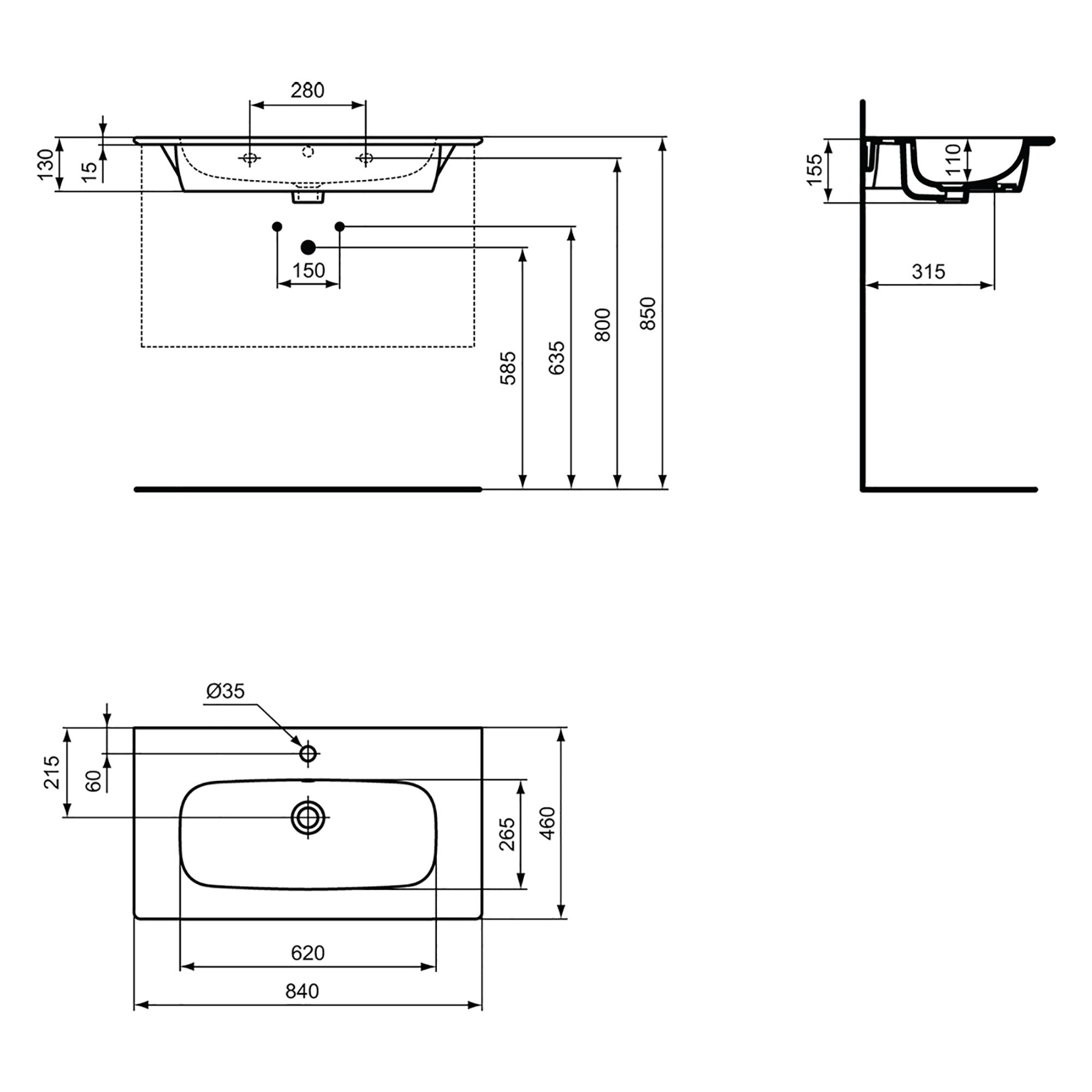 Ideal Standard i.Life A Matt Quartz grey Freestanding Vanity unit & basin set - Includes Aluminium Handle (W)840mm (H)853mm