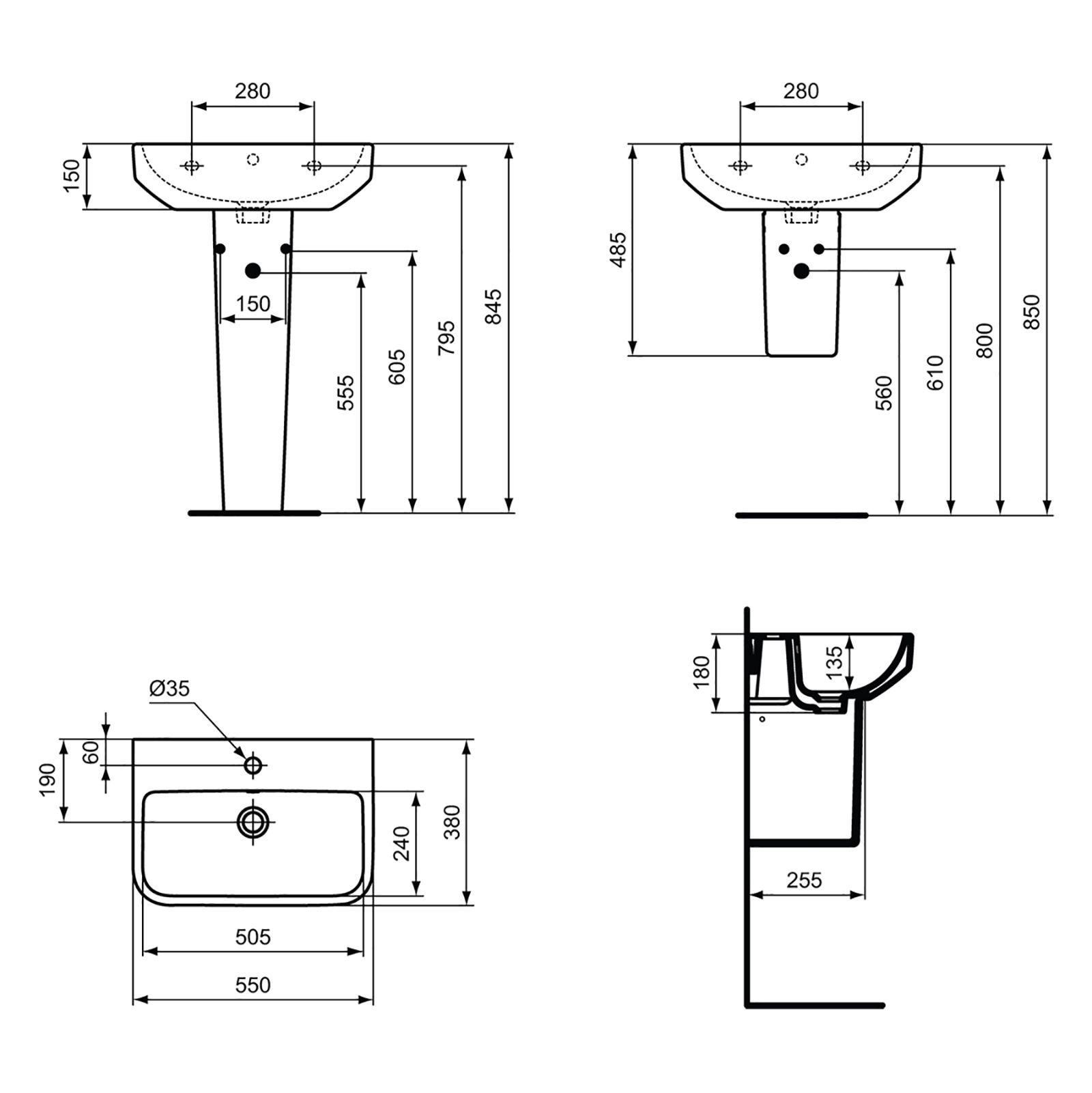 Ideal Standard i.life S Gloss White Rectangular Floor-mounted Full pedestal 1 tap hole Basin (H)84.5cm (W)55cm