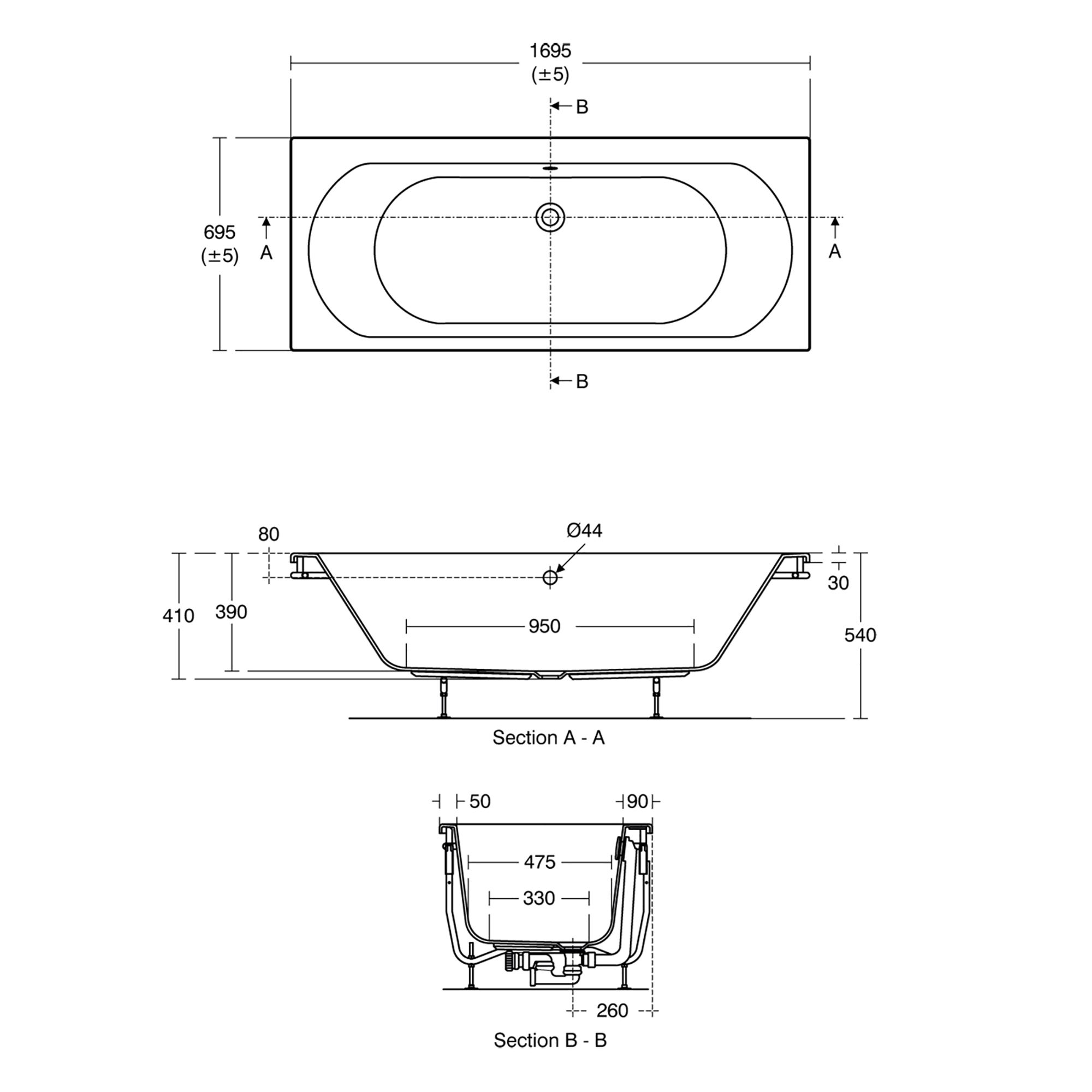 Ideal Standard Tesi White Square Bath Acrylic Rectangular Double ended Bath (L)1695mm (W)695mm - 6