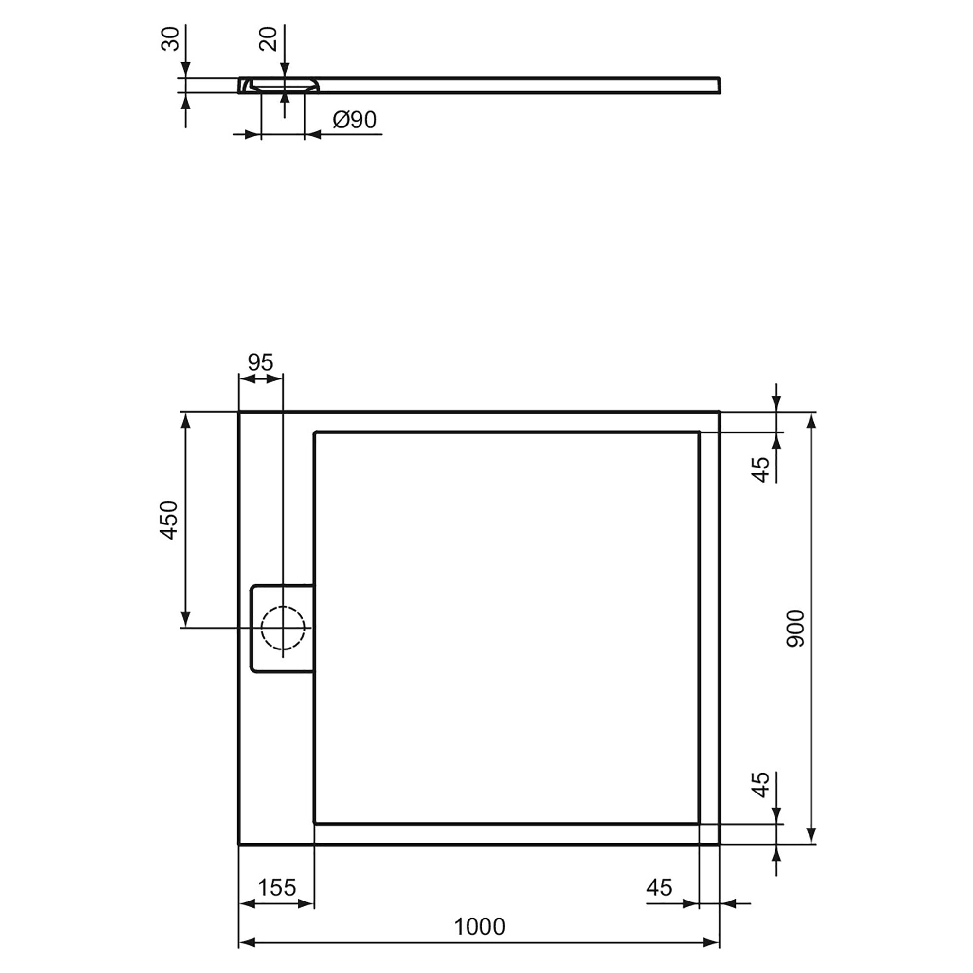 Ideal Standard Ultraflat S i.life Matt Pure White Rectangular End drain Universal Shower tray (L)1000mm (W)900mm (H) 30mm