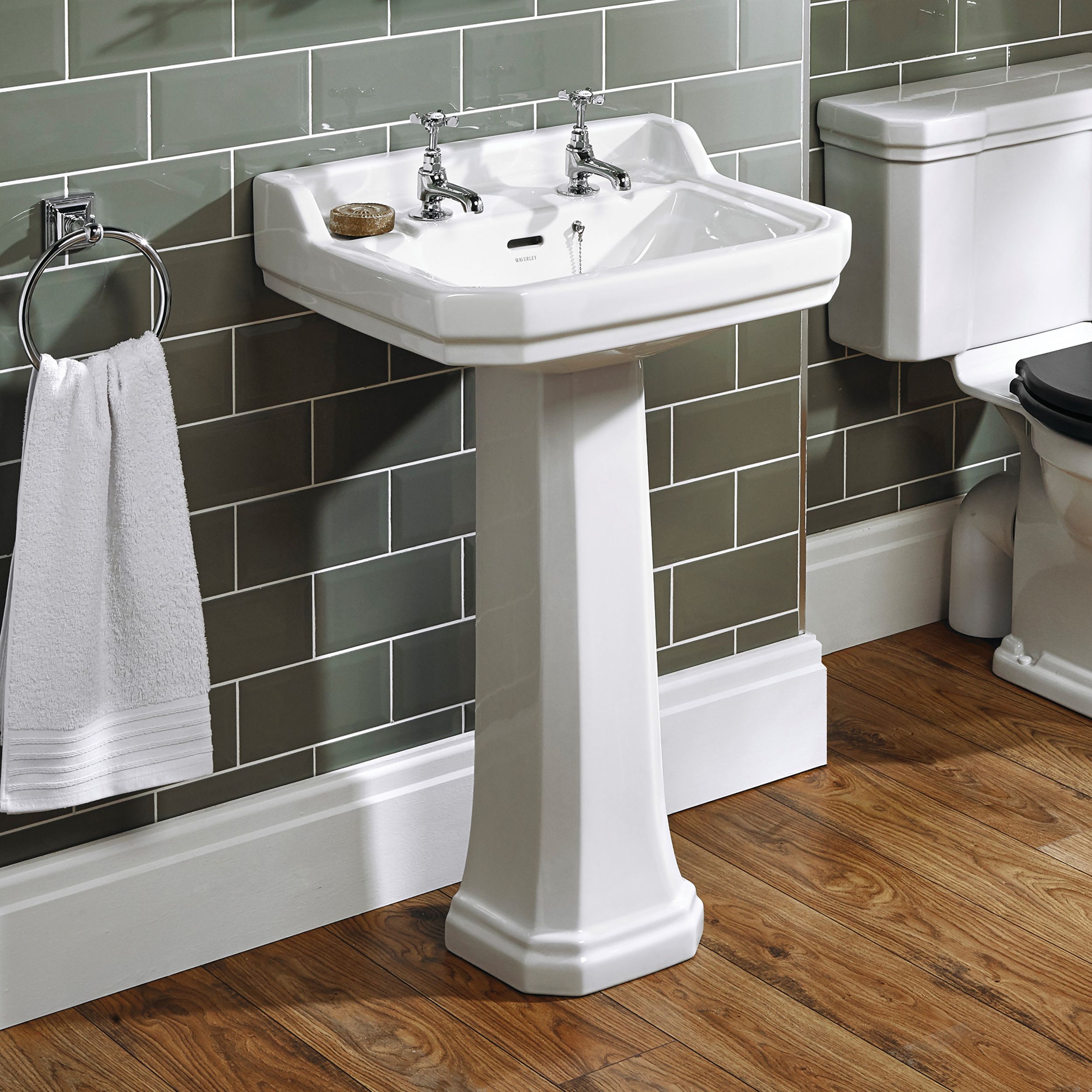 Ideal Standard Waverley Gloss White Rectangular Floor-mounted Full pedestal 2 tap hole Basin (H)89cm (W)56cm