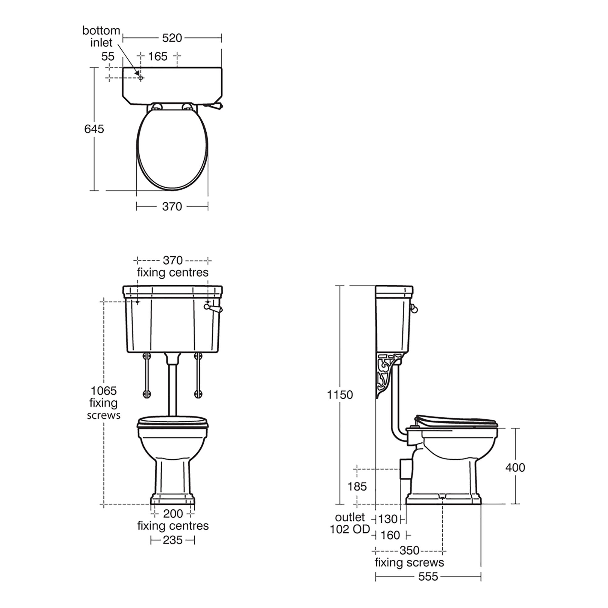 Ideal Standard Waverley Low Level White Boxed rim High-low Toilet & cistern with Black Standard close seat & Low level cistern
