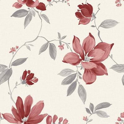 Synergy Glitter Floral Wallpaper Rich Red Cream Gold