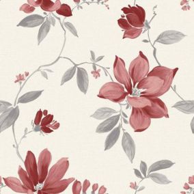 Ideco Home Magnolia Cream & red Floral Smooth Wallpaper