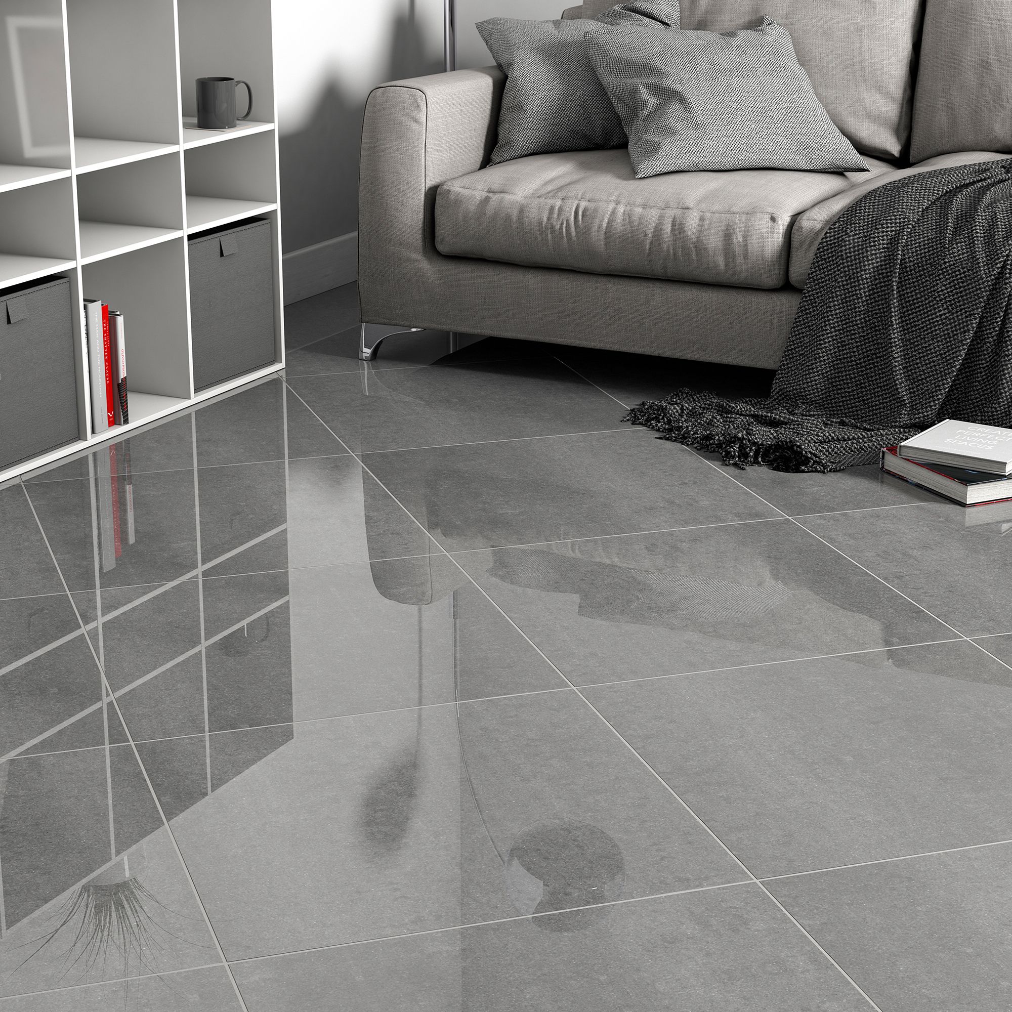 Imperiali Anthracite Gloss Stone effect Porcelain Indoor Wall & floor Tile, Pack of 3, (L)600mm (W)600mm
