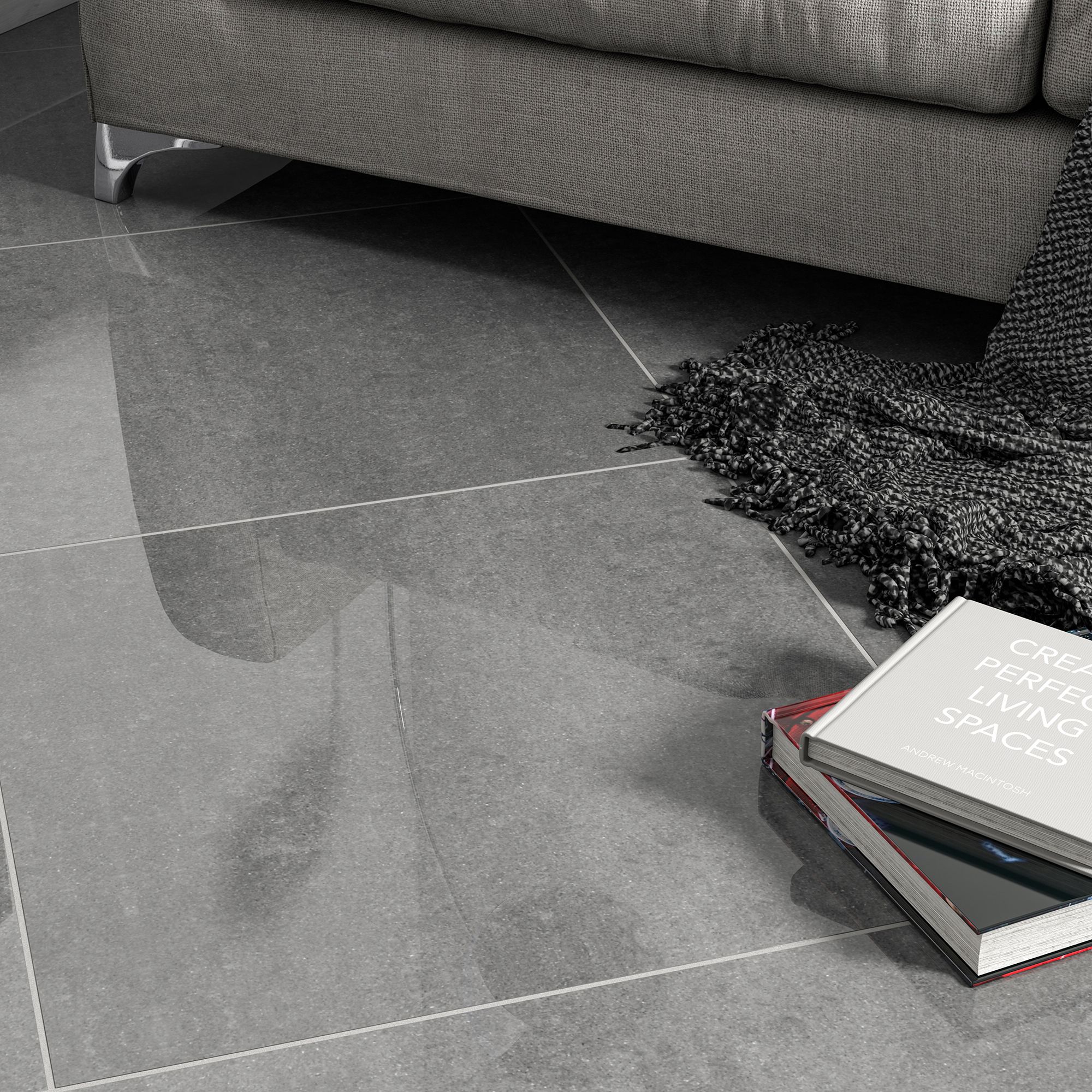 Imperiali Anthracite Gloss Stone effect Porcelain Indoor Wall & floor Tile, Pack of 3, (L)600mm (W)600mm