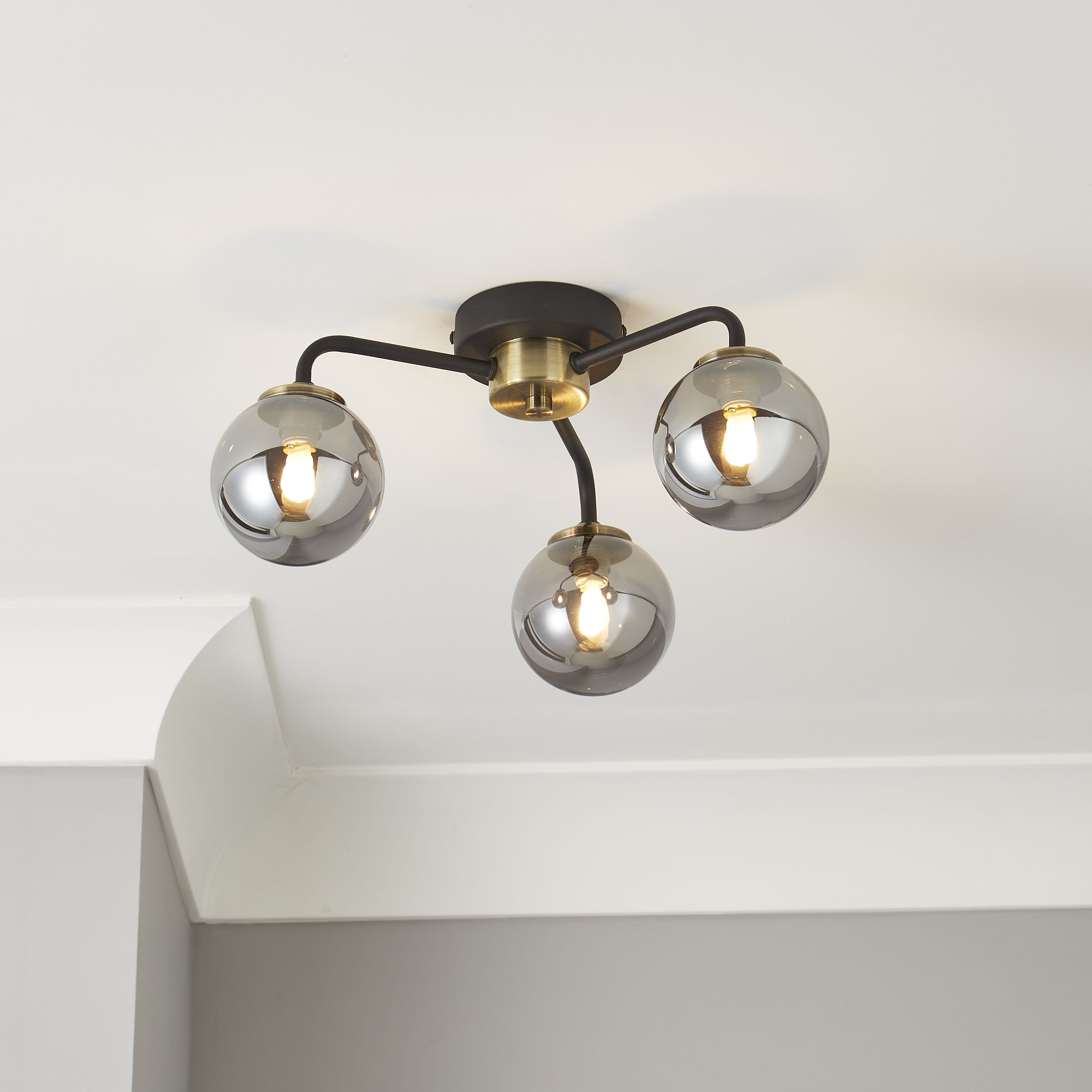 Inlight Agile Black Antique Brass & Smoked Glass Effect 3 Lamp Ceiling ...