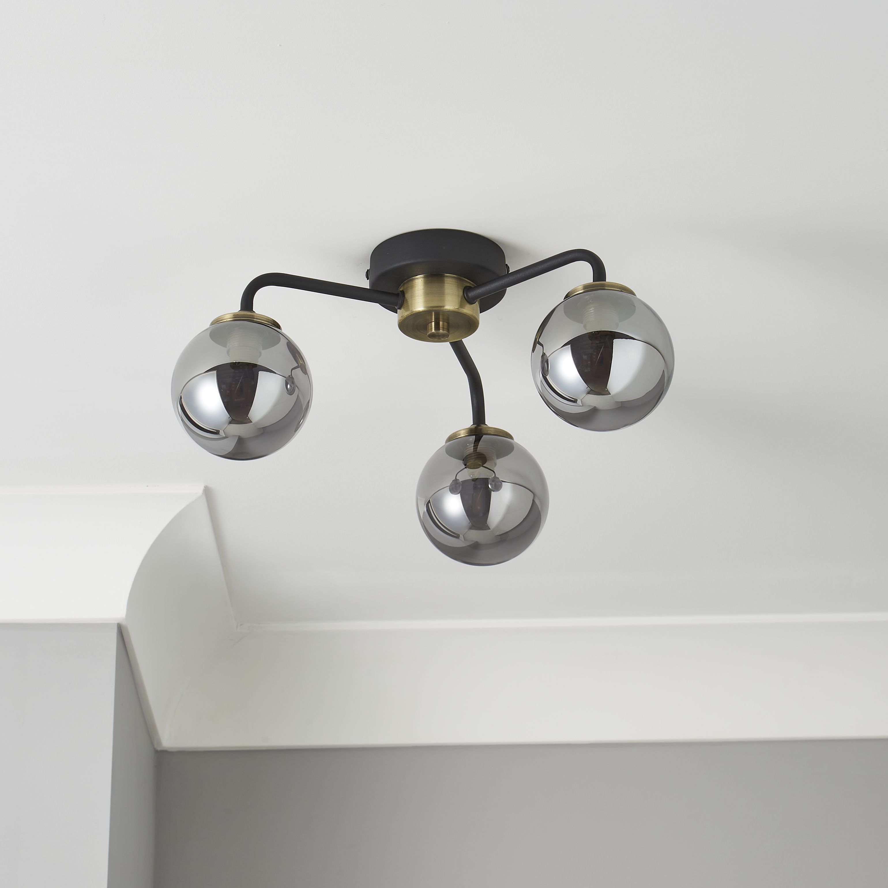Inlight Agile Industrial Glass & steel Black Antique brass & smoked glass effect 3 Lamp LED Ceiling light
