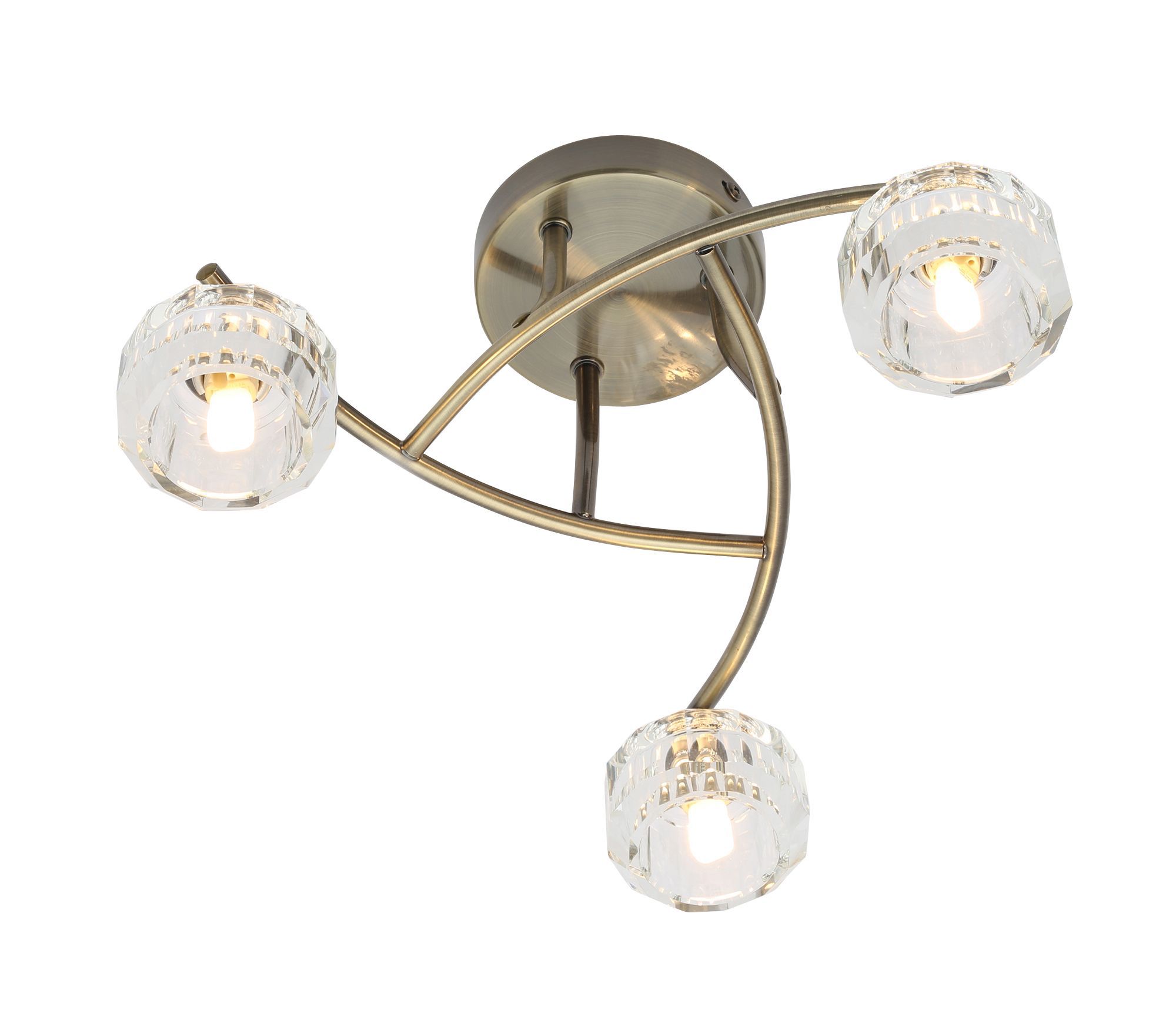 Inlight Allyn Brushed Glass & Metal Antique Brass Effect 3 Lamp Ceiling ...