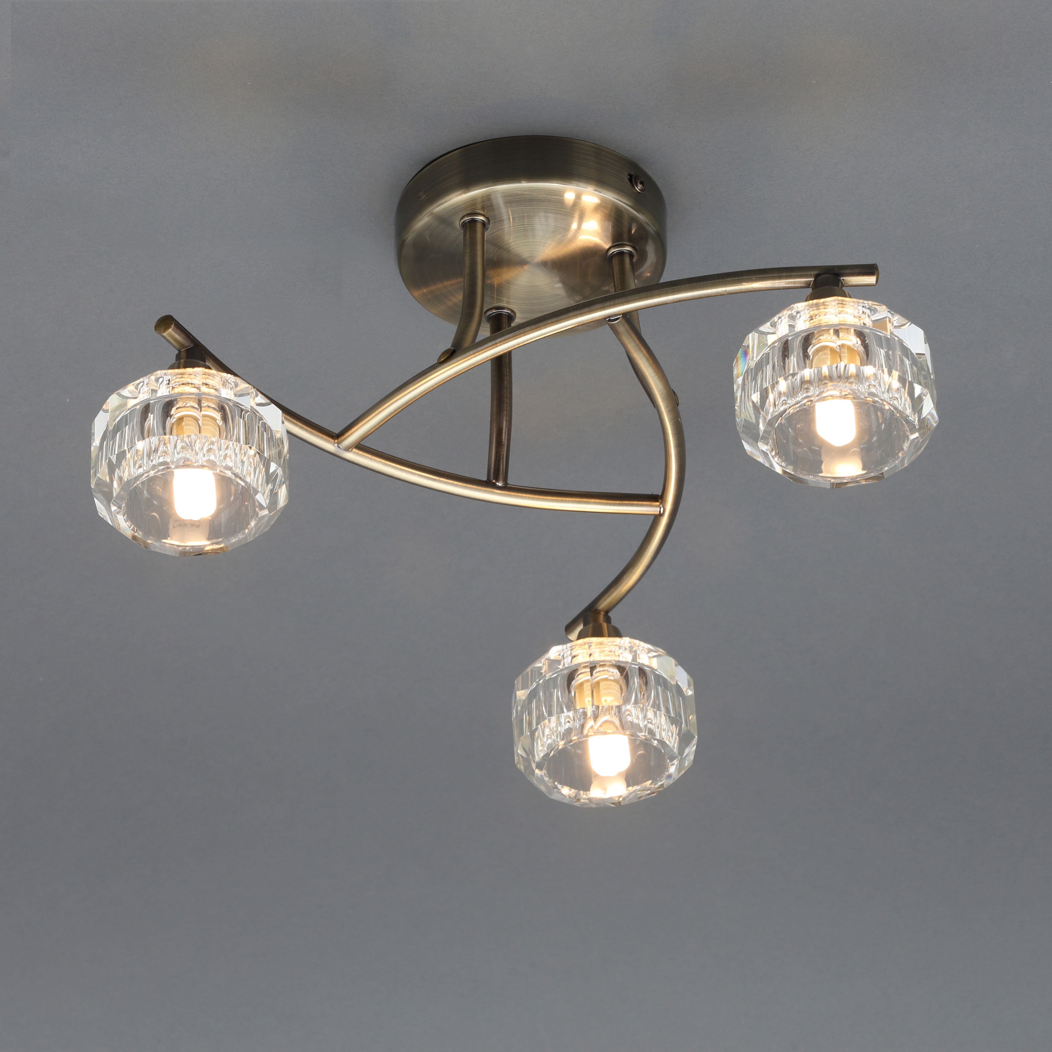 Inlight Allyn Brushed Glass & metal Antique brass effect 3 Lamp Ceiling