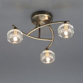 Inlight Allyn Brushed Glass & metal Antique brass effect 3 Lamp Ceiling light