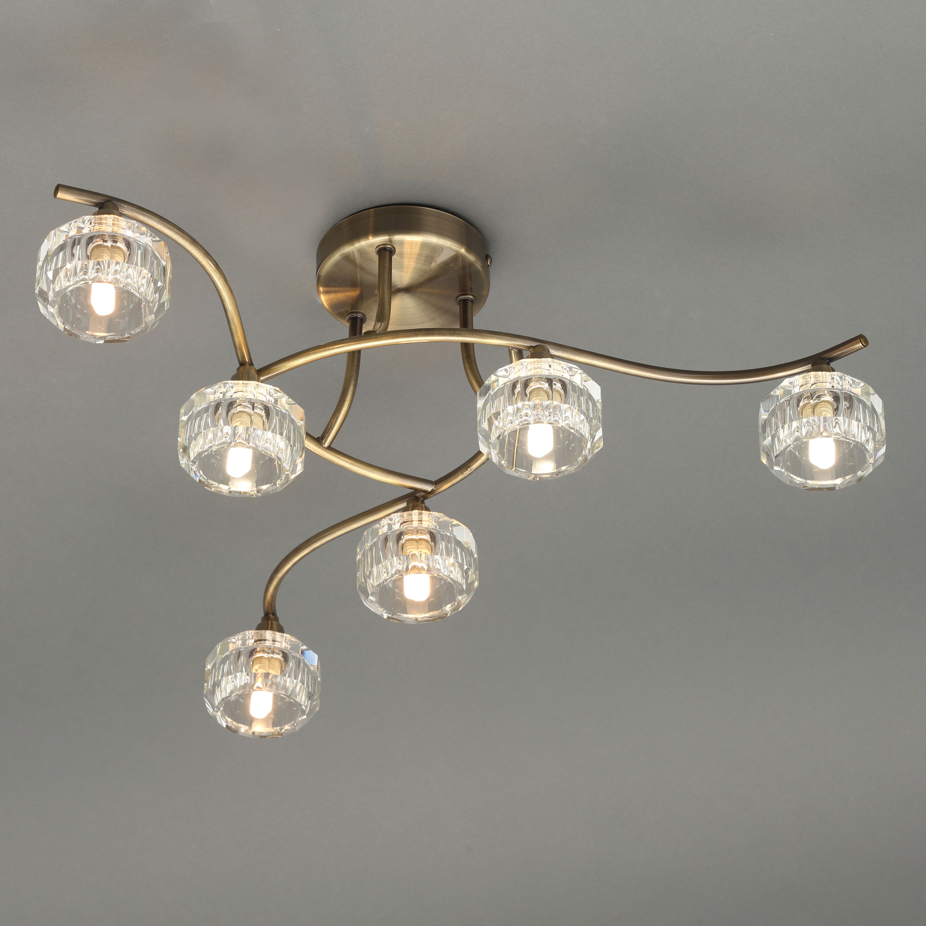 Inlight Allyn Brushed Glass & metal Antique brass effect 6 Lamp Ceiling ...
