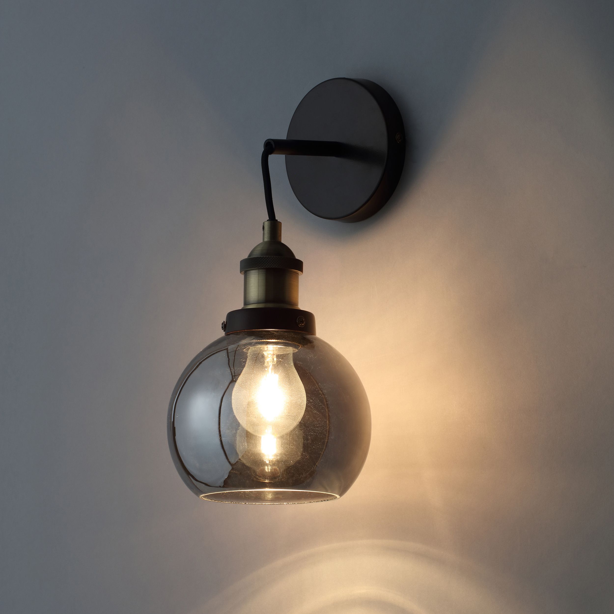 Inlight Callisto Smoke / Antique Brass Smoke tinted effect Wired Wall light, Pair of 2