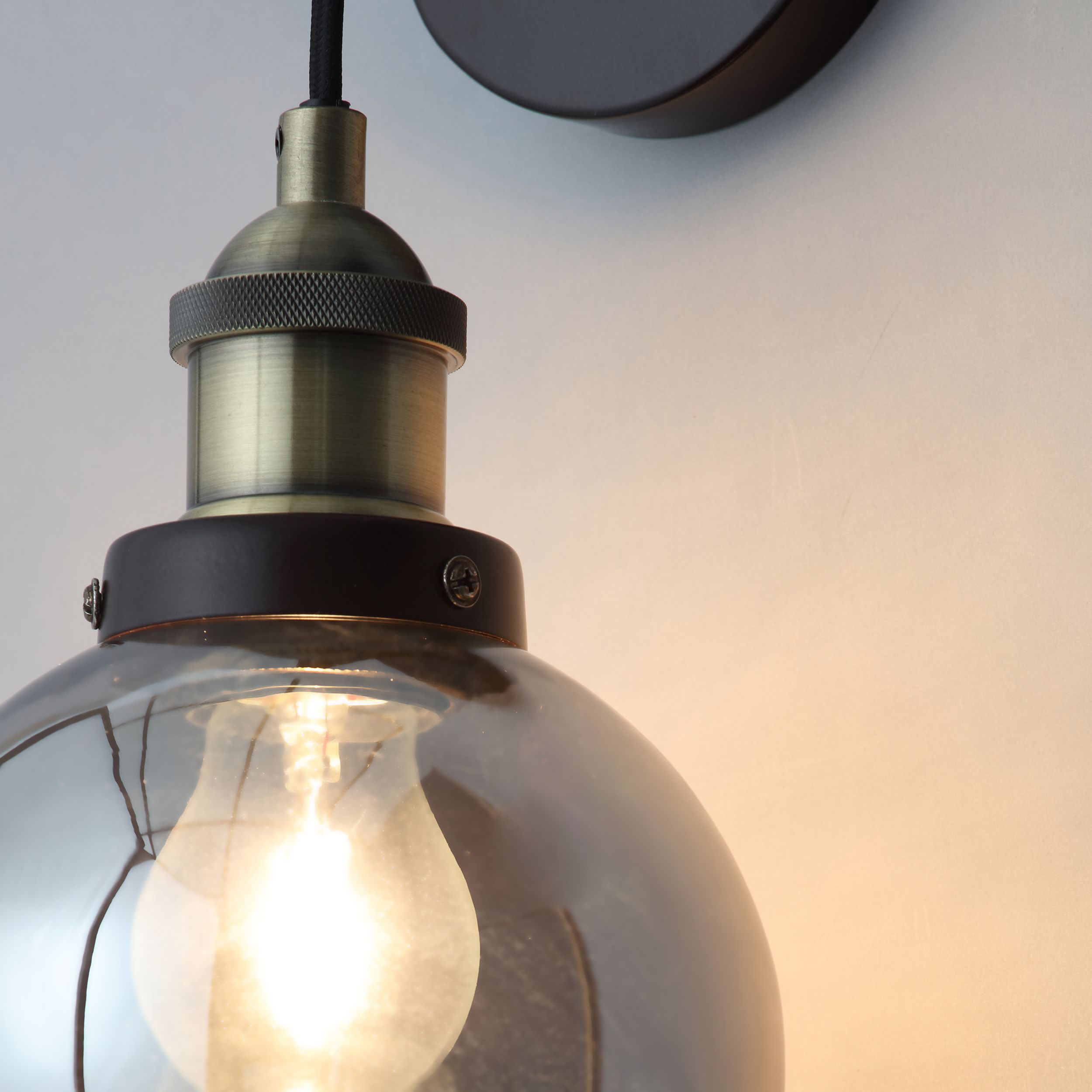 Inlight Callisto Smoke / Antique Brass Smoke tinted effect Wired Wall light, Pair of 2