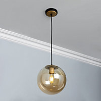 Inlight Mead Matt Black Wood effect LED Pendant ceiling light, (Dia)240mm
