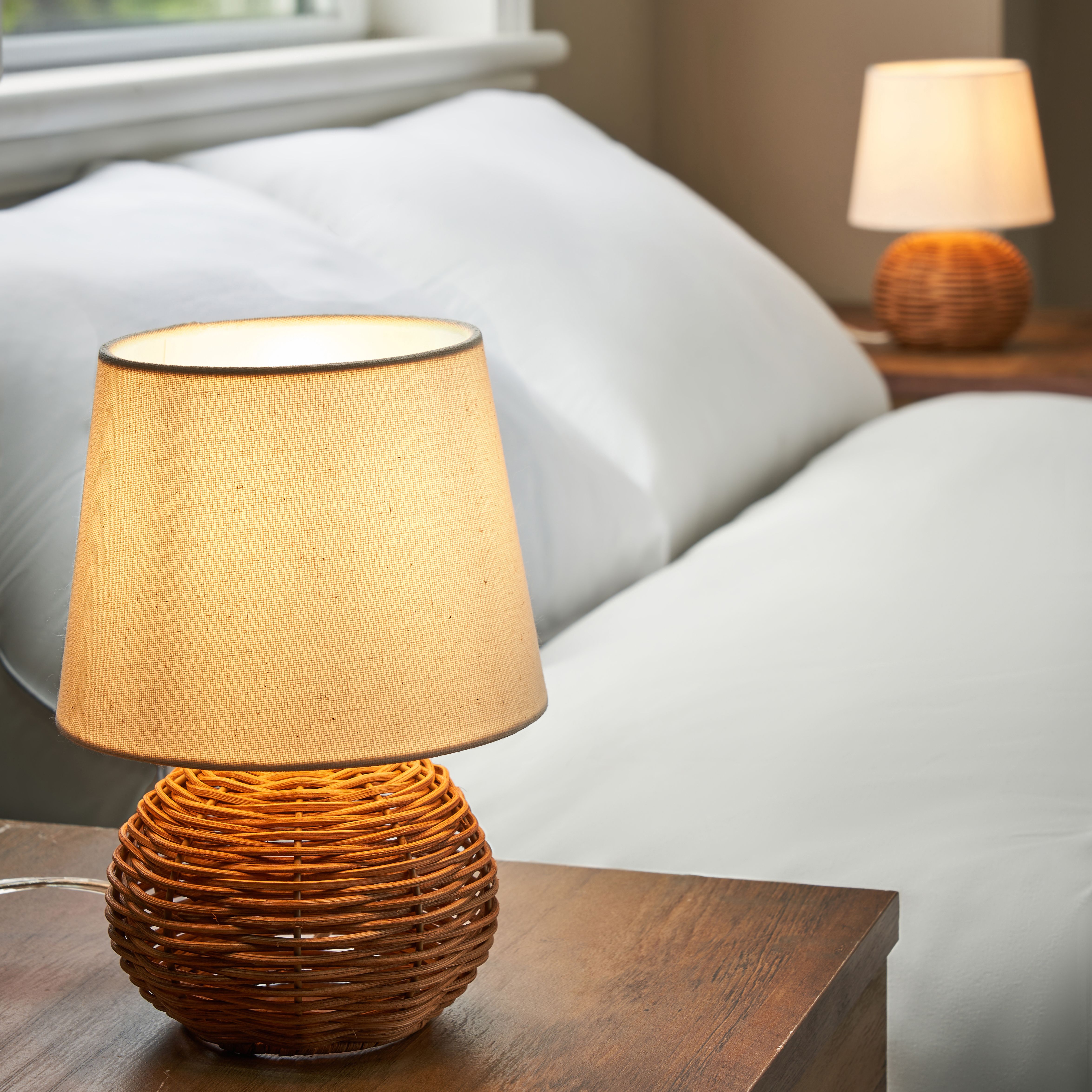 Inlight Peiros Round Matt Natural Rattan effect Table lamp, Pair