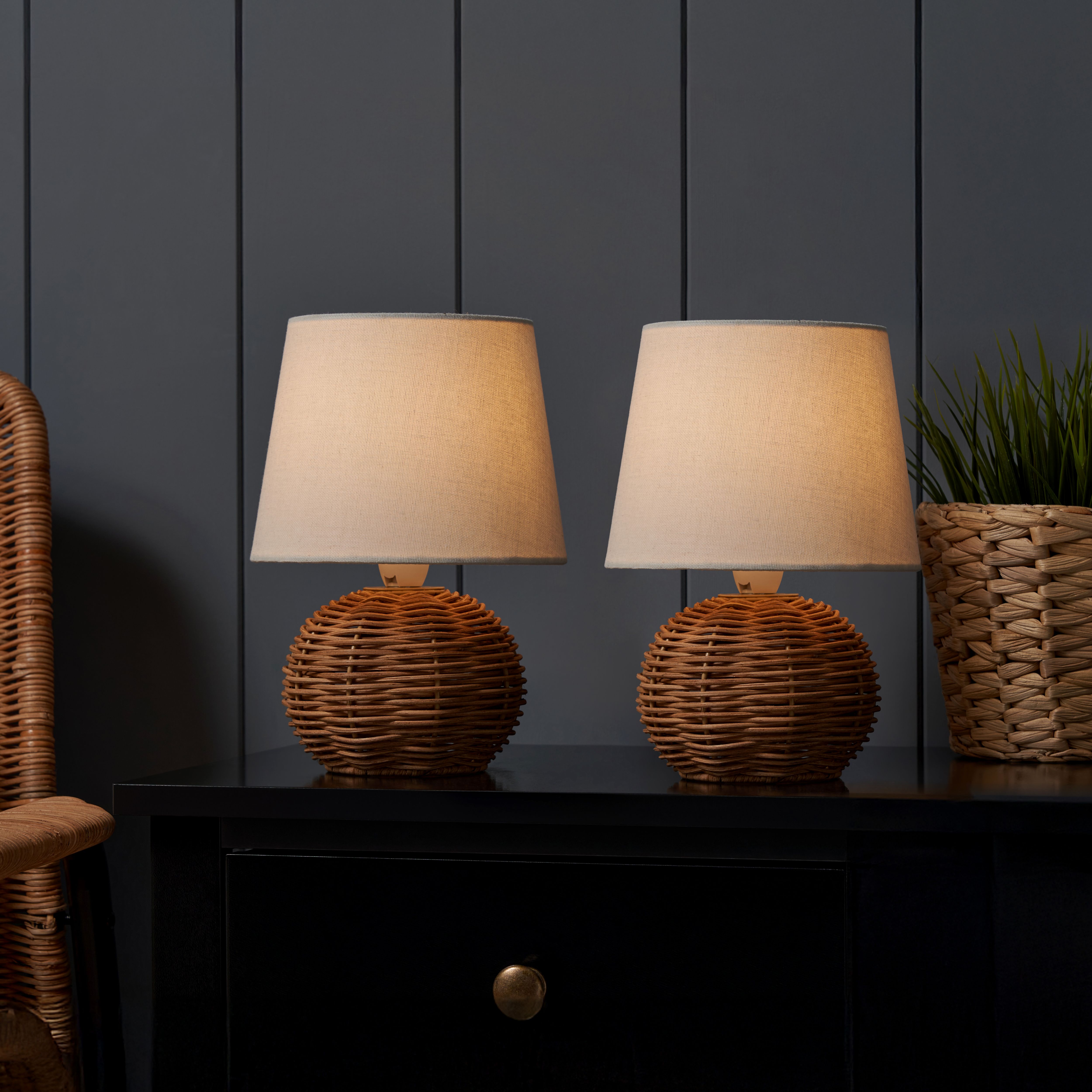 Inlight Peiros Round Matt Natural Rattan effect Table lamp, Pair