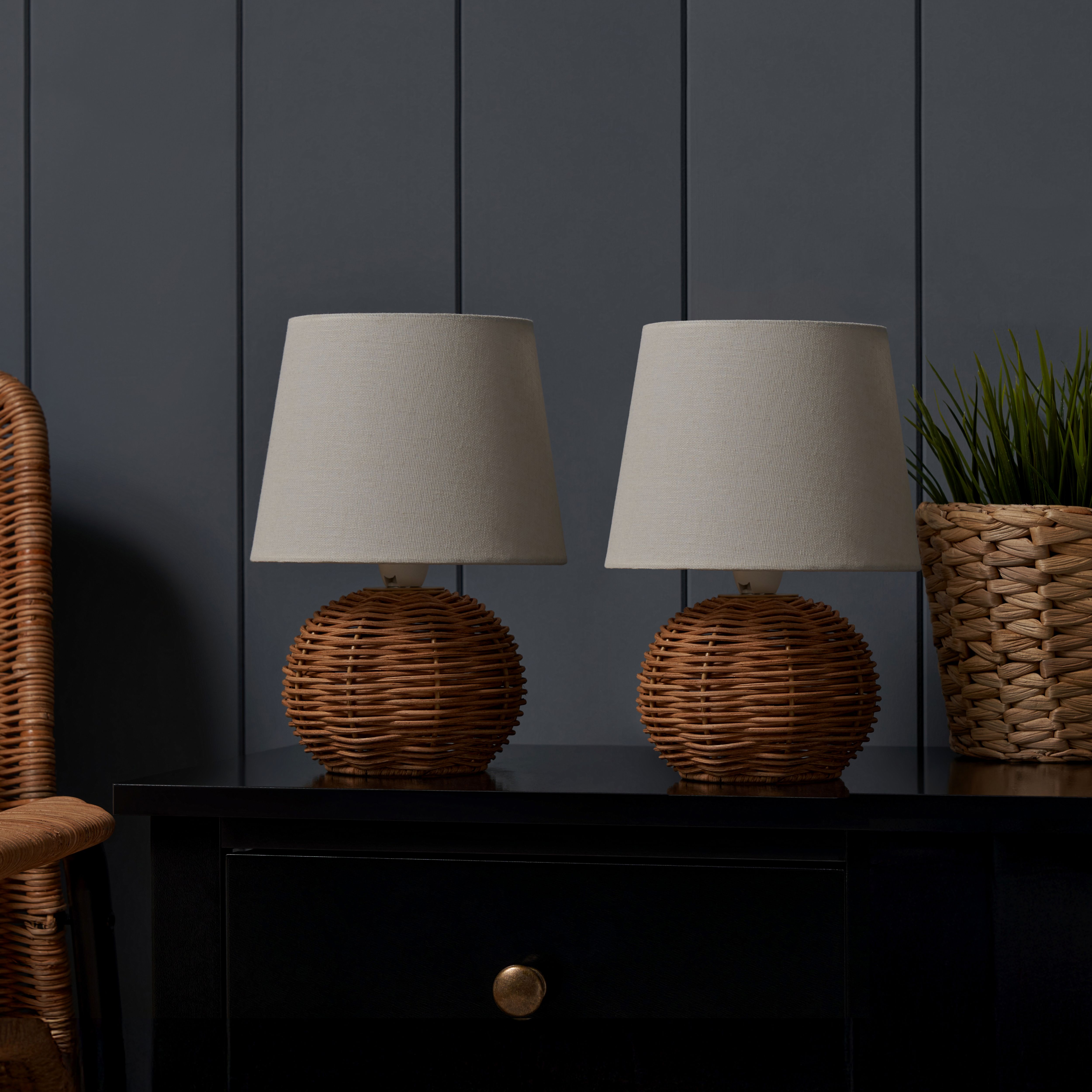 Inlight Peiros Round Matt Natural Rattan effect Table lamp, Pair