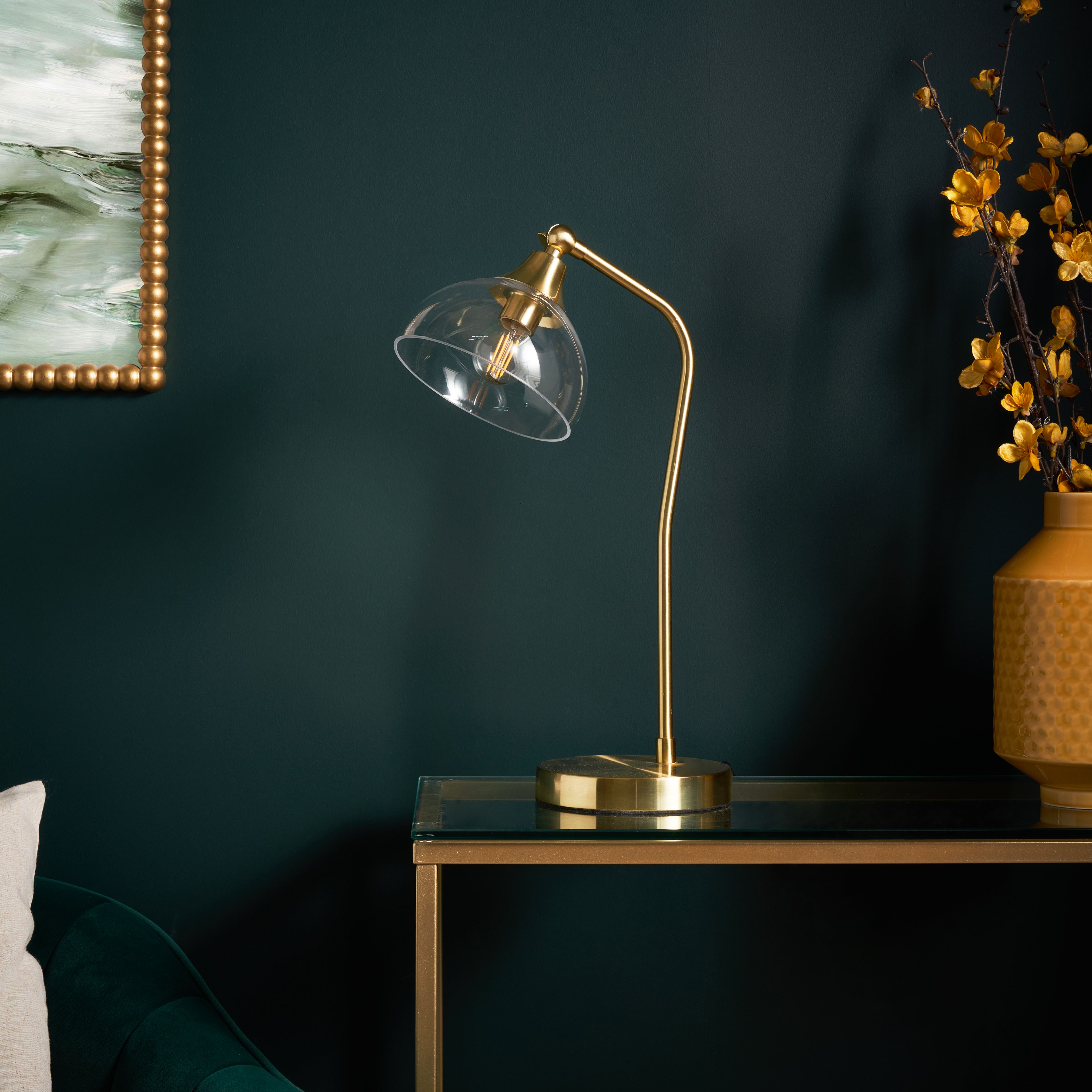 Inlight Rae Round Brushed Satin Clear Brass effect Table lamp