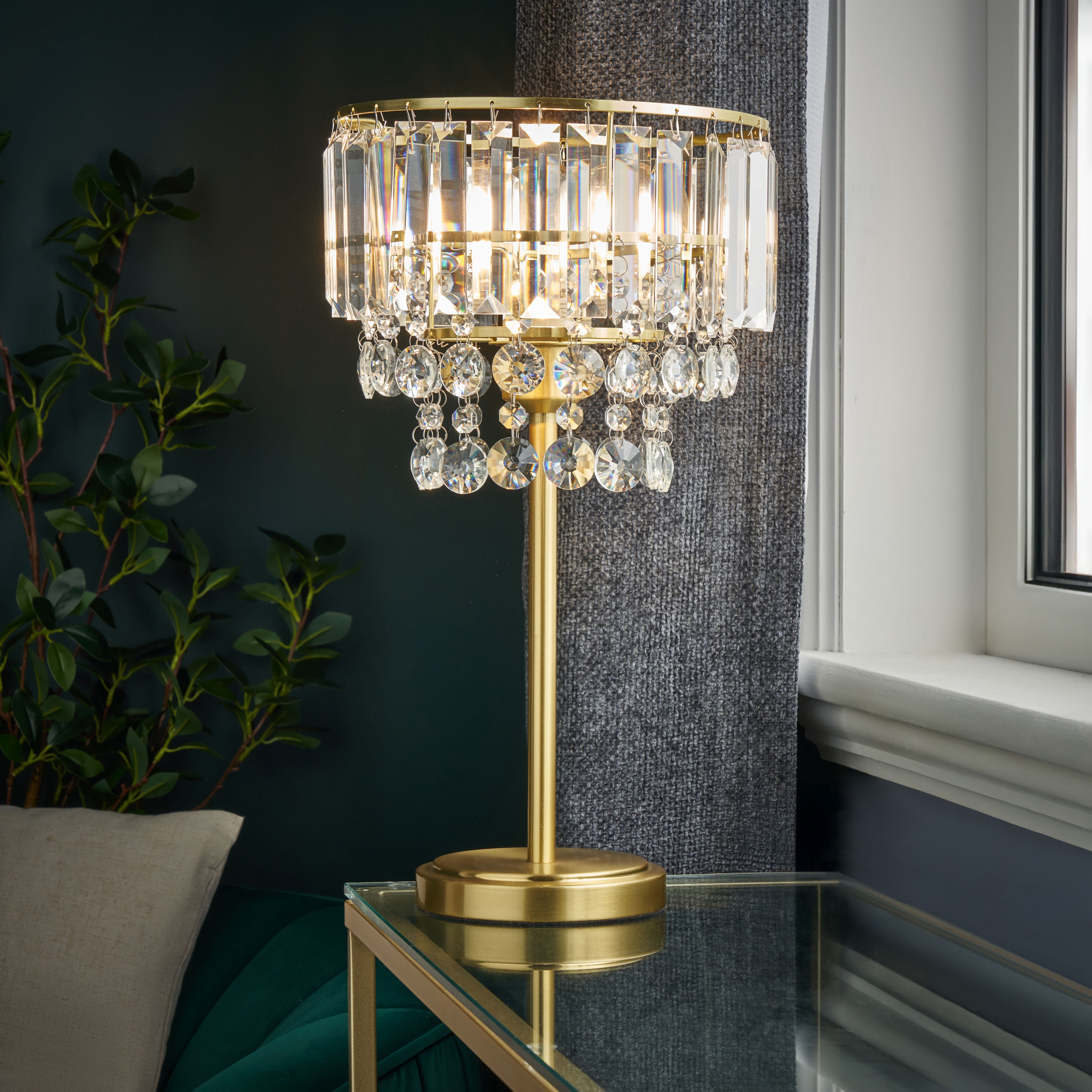 Inlight Sobra Tiered Round Polished Satin Clear Brass effect Table lamp
