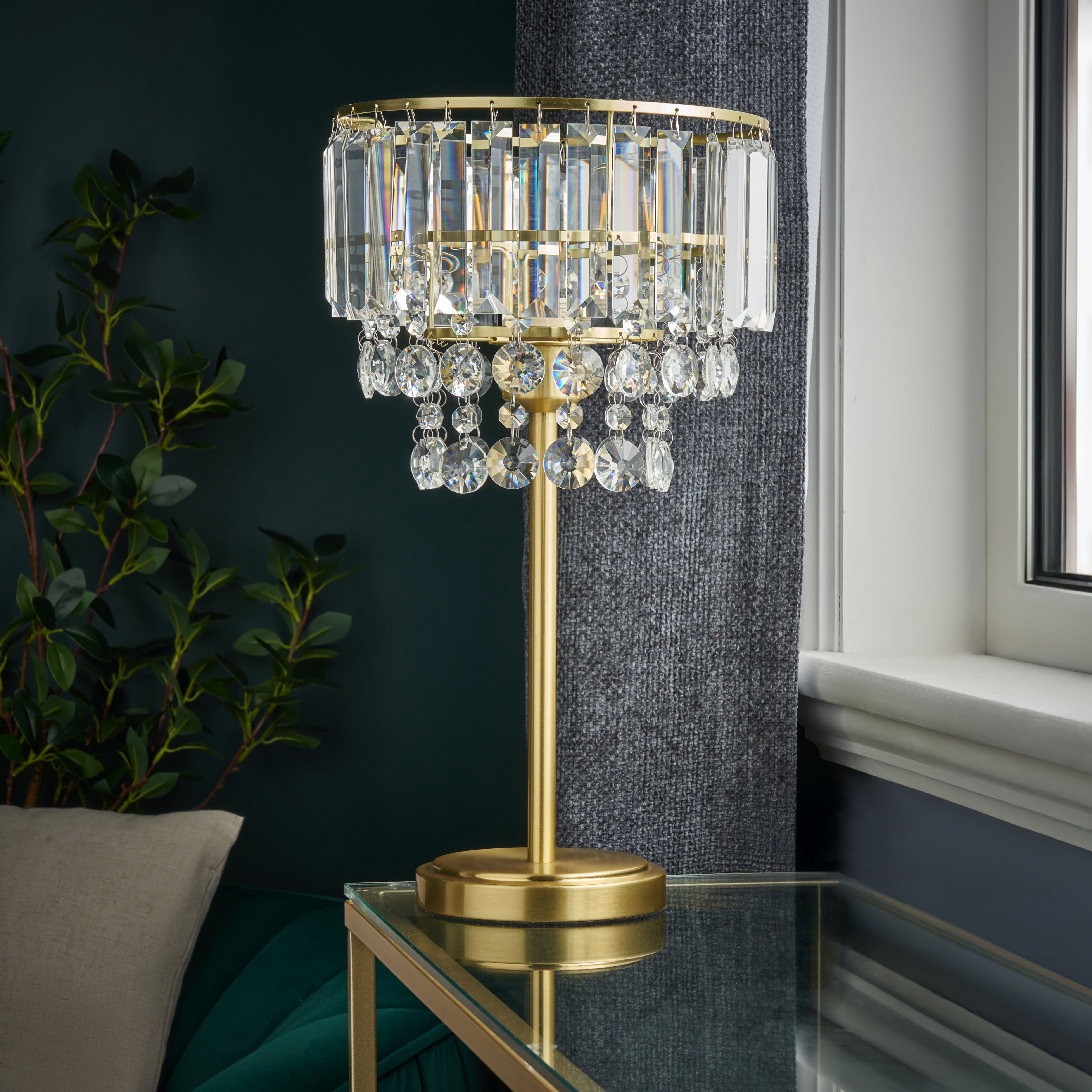Inlight Sobra Tiered Round Polished Satin Clear Brass effect Table lamp