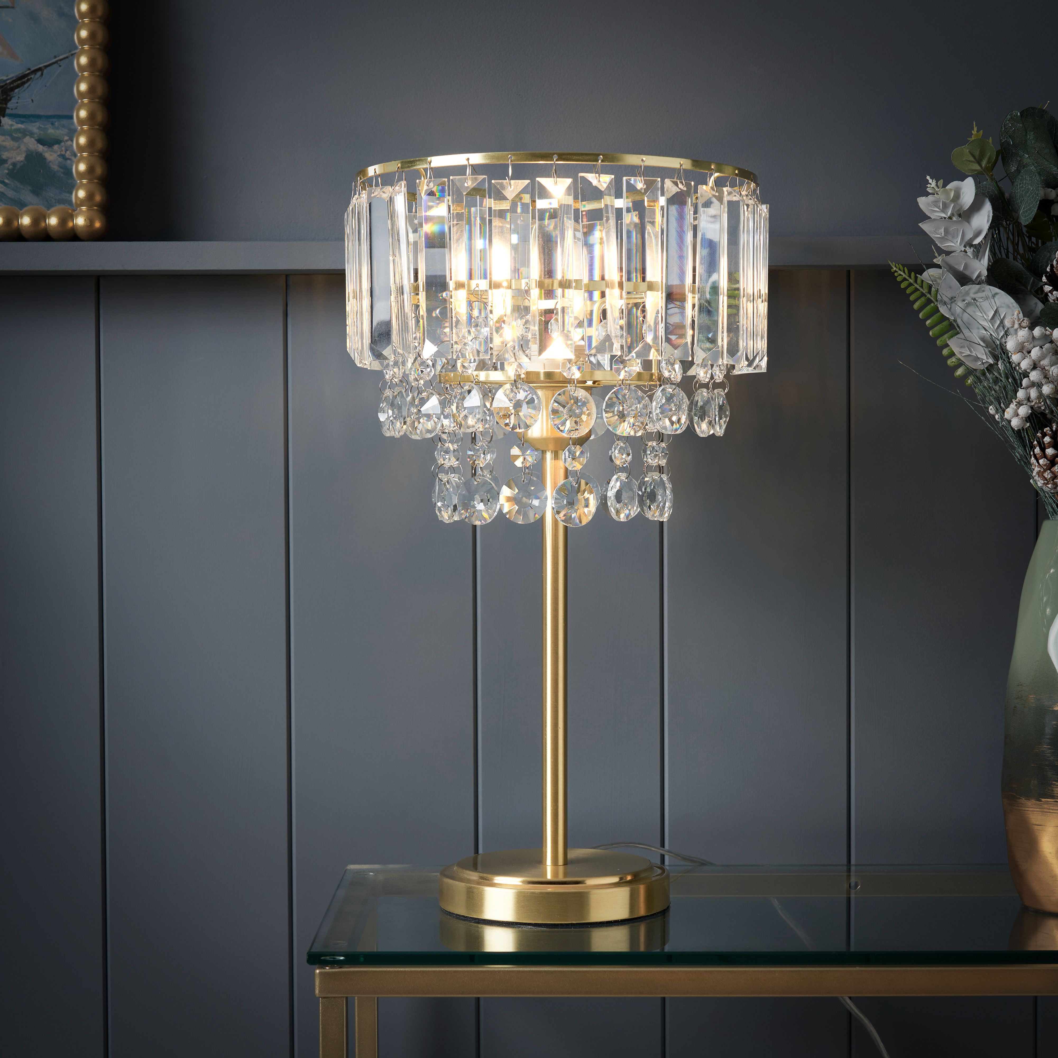 Inlight Sobra Tiered Round Polished Satin Clear Brass effect Table lamp