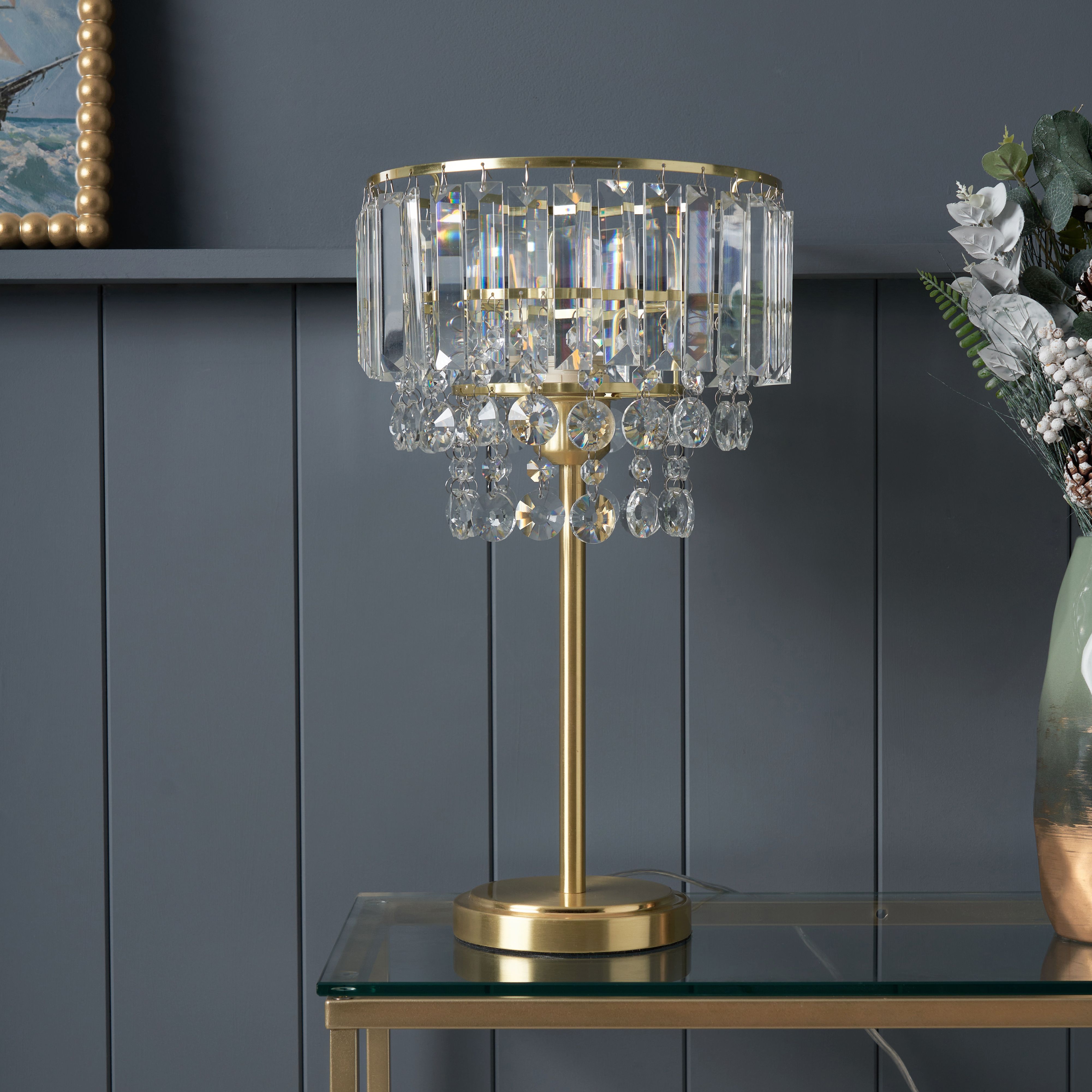 Inlight Sobra Tiered Round Polished Satin Clear Brass effect Table lamp