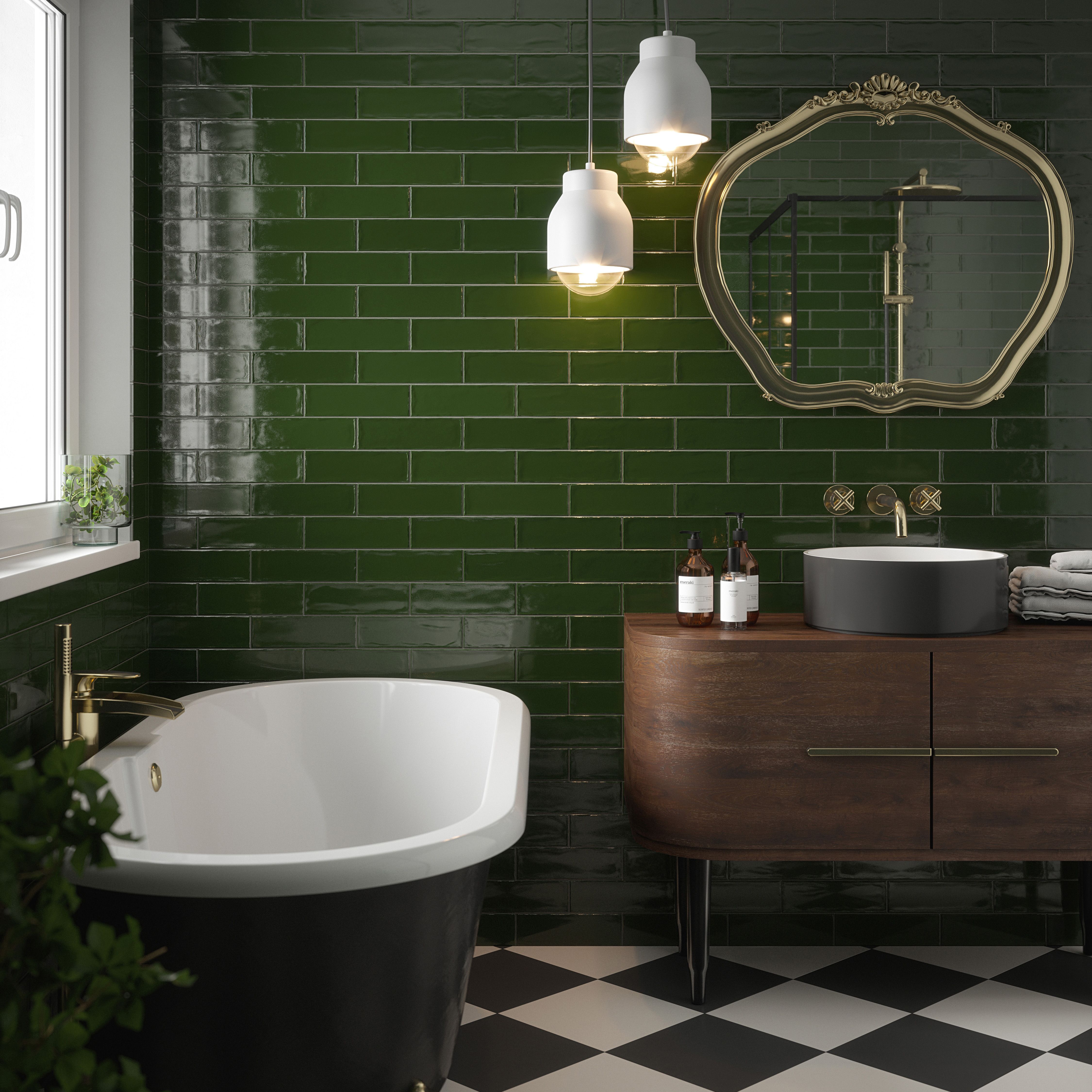 Iris Green Gloss Structured Plain Ceramic Wall Tile, Pack of 54, (L