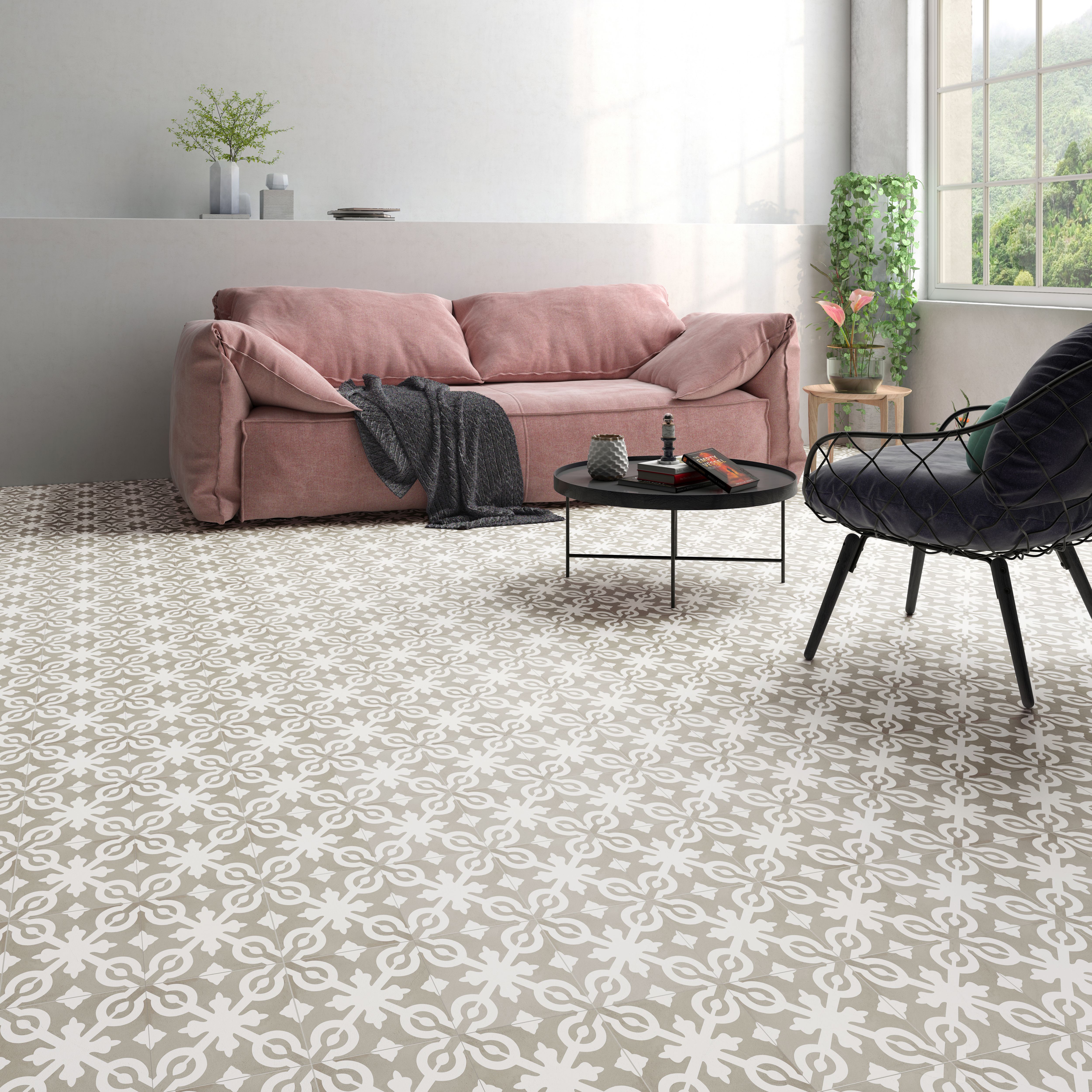 Italo Grey & white Flower mosaic Stone tile effect Textured Click vinyl Flooring Sample - 5