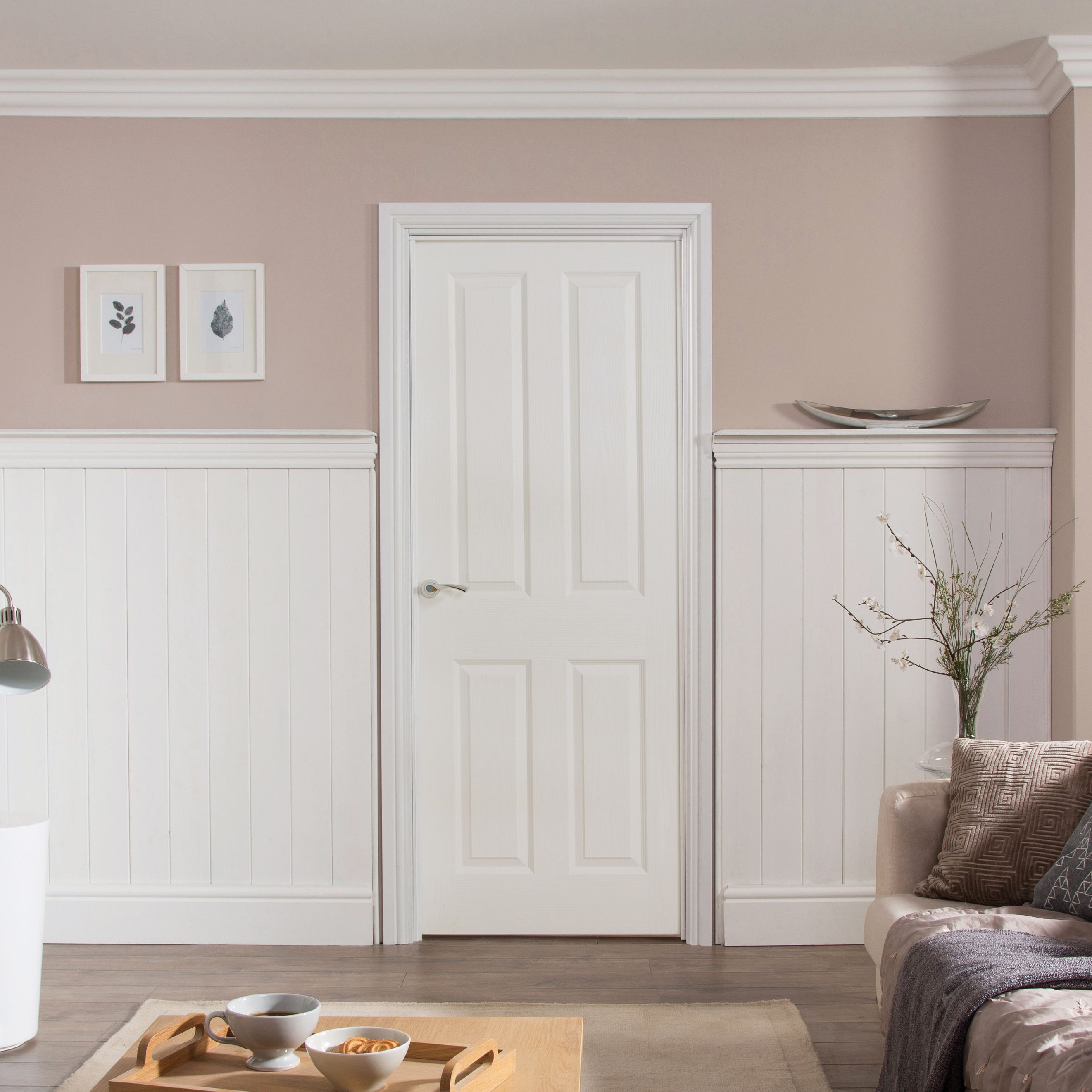 Jeld-Wen 4 panel Solid core Unglazed Contemporary White Woodgrain effect Internal Door, (H)1981mm (W)838mm (T)35mm