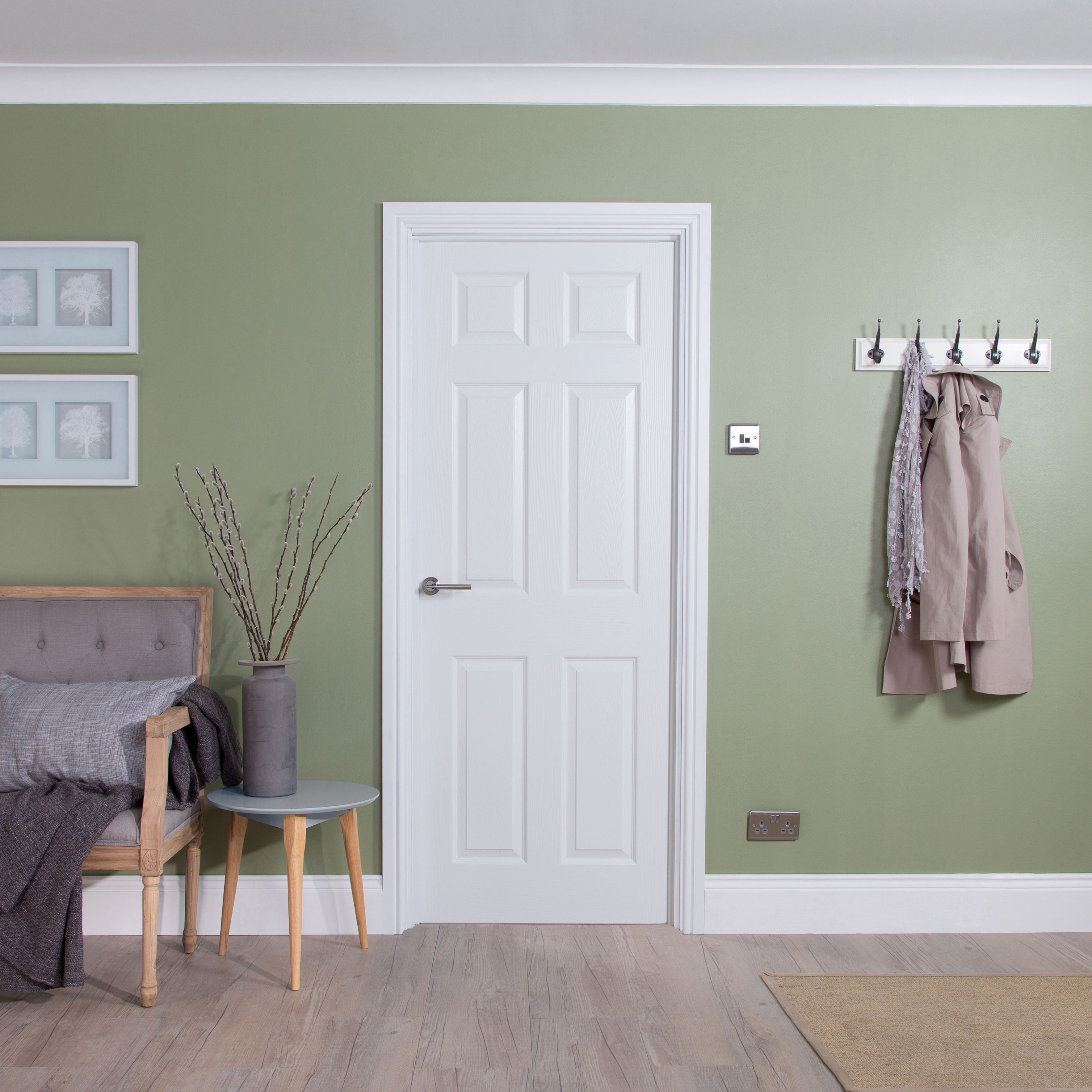 Jeld-Wen 6 panel Solid core Unglazed Contemporary White Woodgrain effect Internal Door, (H)1981mm (W)838mm (T)35mm