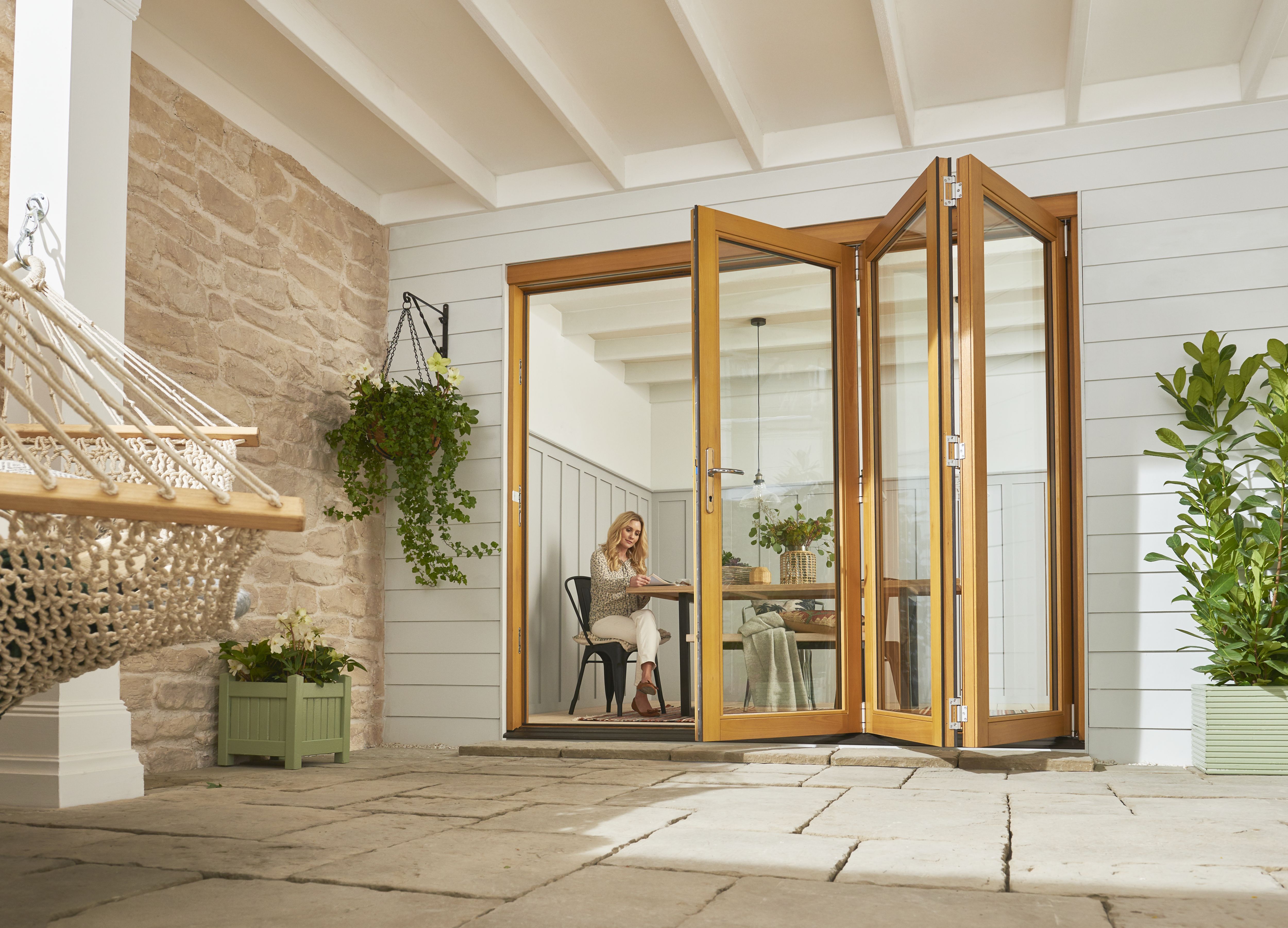 Jeld-Wen Clear Glazed Golden Oak External 3 Kinsley Folding Patio door, (H)2094mm (W)2394mm
