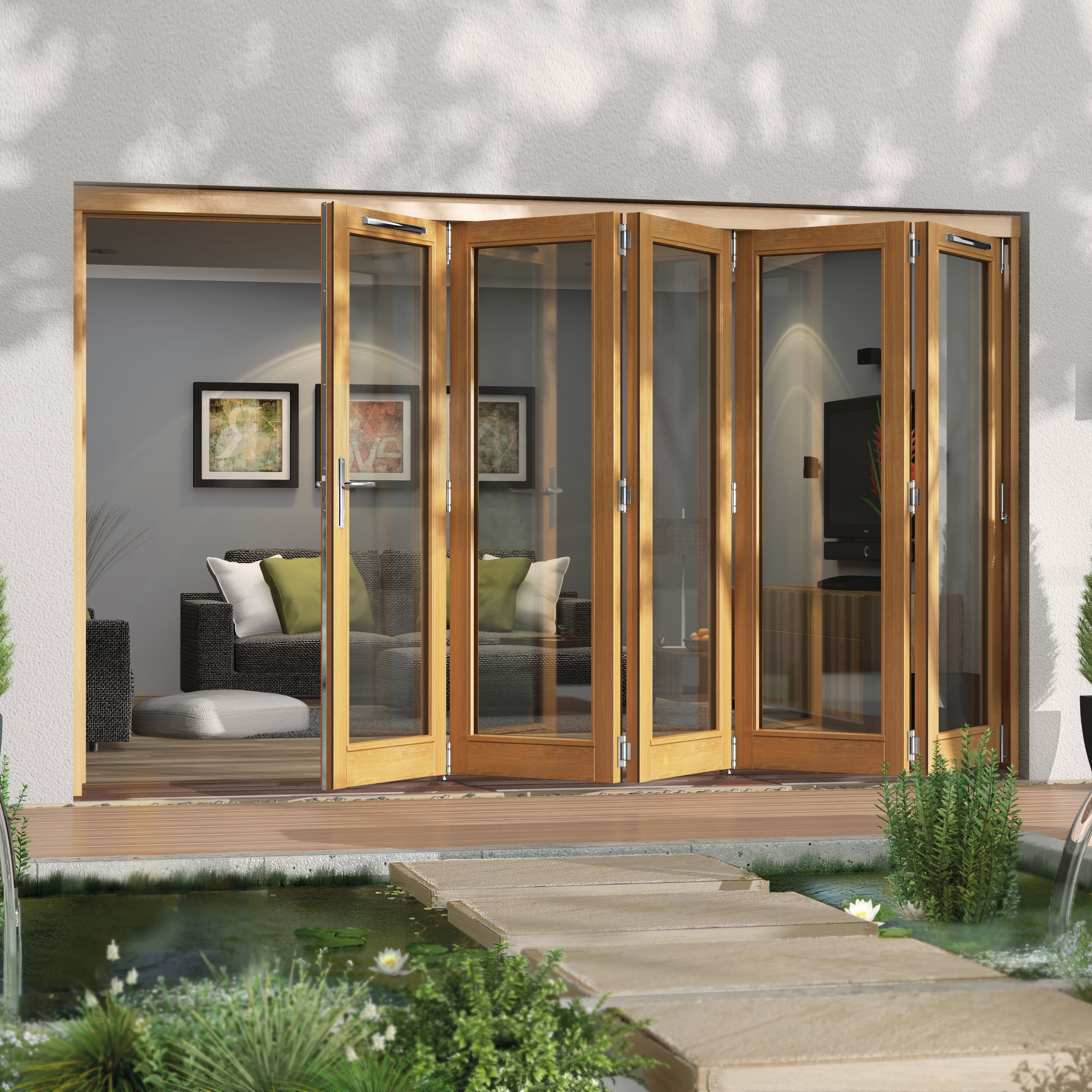 Jeld-Wen Clear Glazed Golden Oak External 5 Canberra Folding Patio door, (H)2094mm (W)3594mm