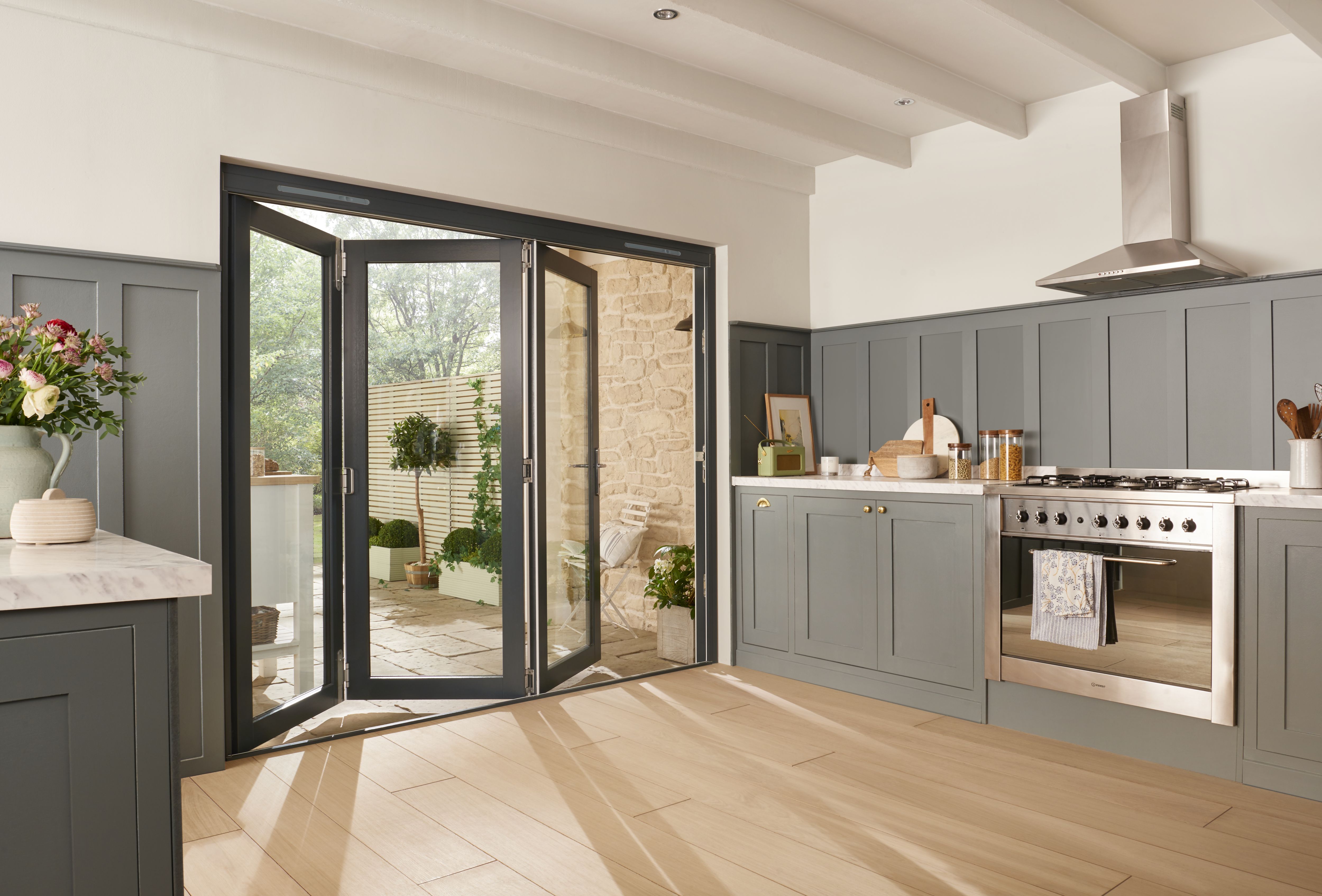 Jeld-Wen Clear Glazed Grey Hardwood veneer External 4 Bedgebury Folding Patio door, (H)2094mm (W)2394mm