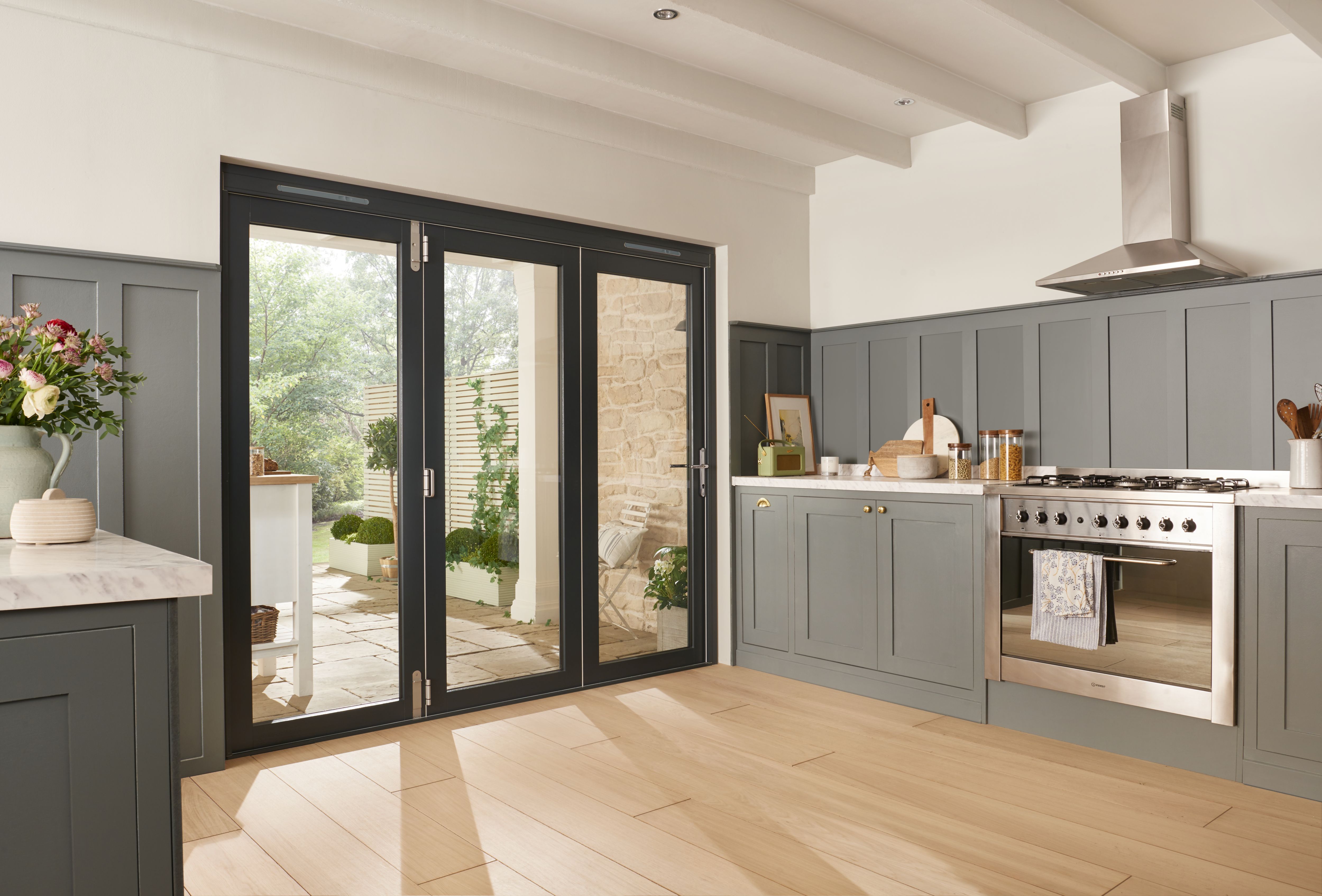 Jeld-Wen Clear Glazed Grey Hardwood veneer External 4 Bedgebury Folding Patio door, (H)2094mm (W)2394mm