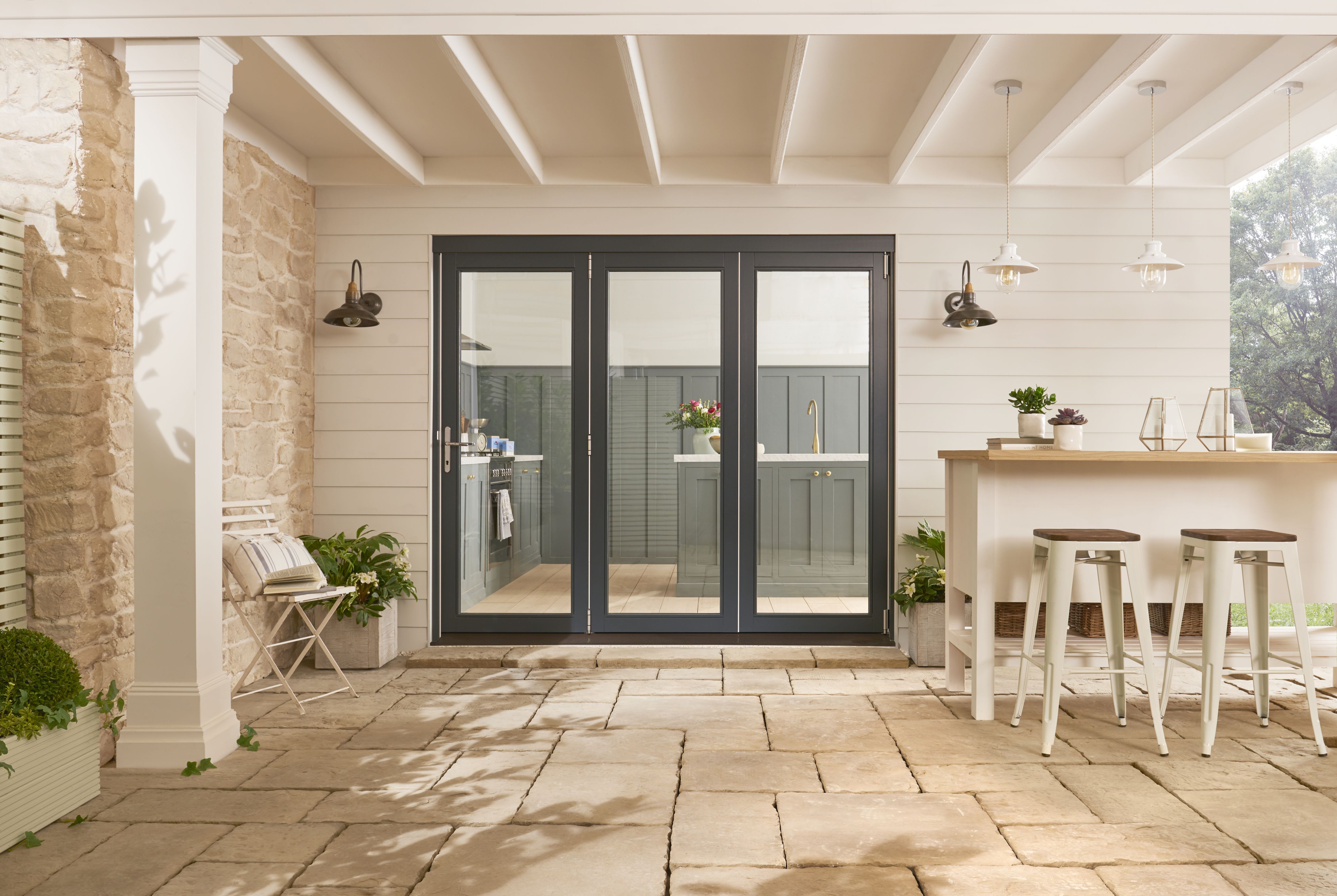 Jeld-Wen Clear Glazed Grey Hardwood veneer External 4 Bedgebury Folding Patio door, (H)2094mm (W)2394mm