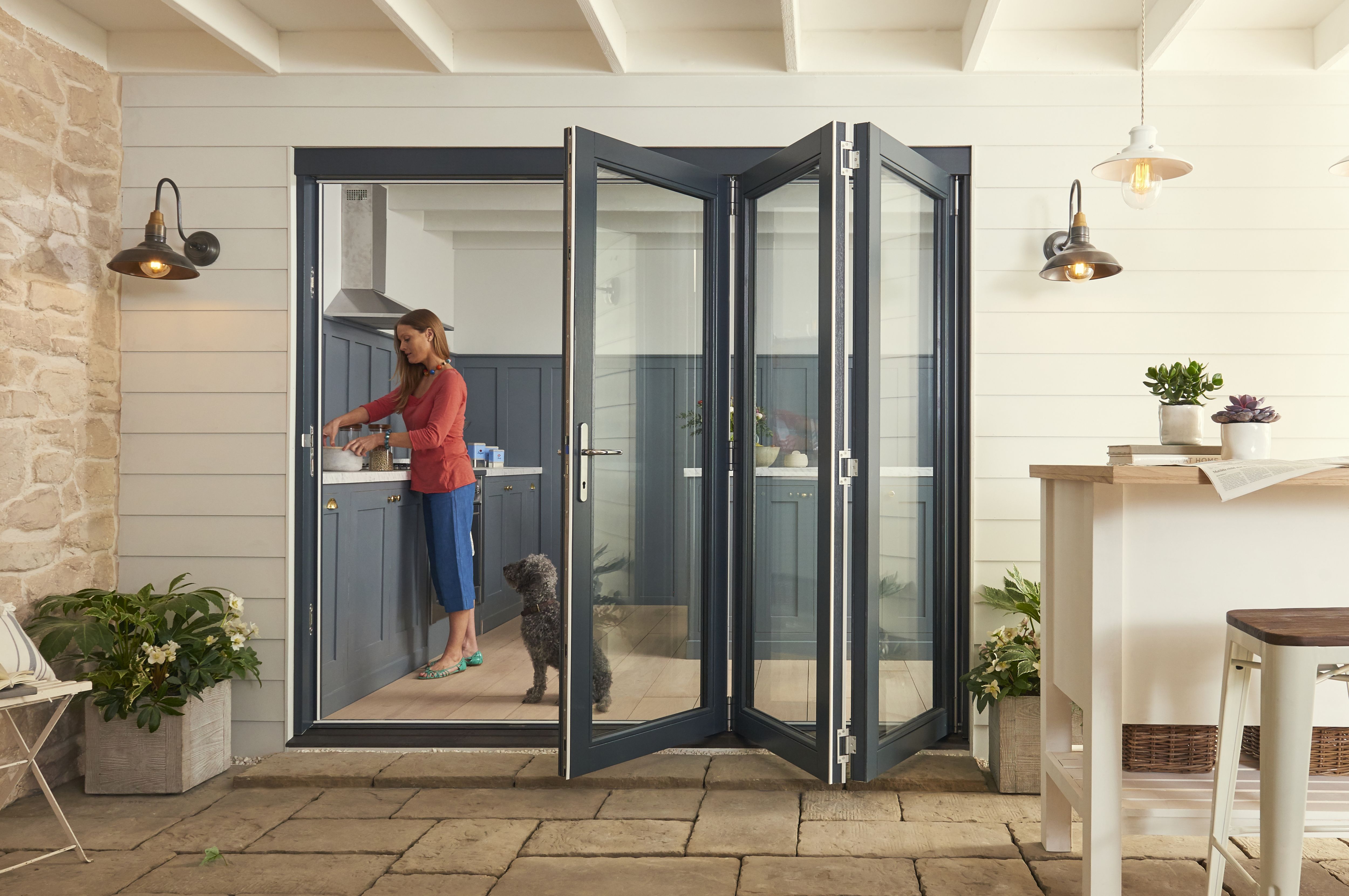 Jeld-Wen Clear Glazed Grey Hardwood veneer External 4 Bedgebury Folding Patio door, (H)2094mm (W)2394mm