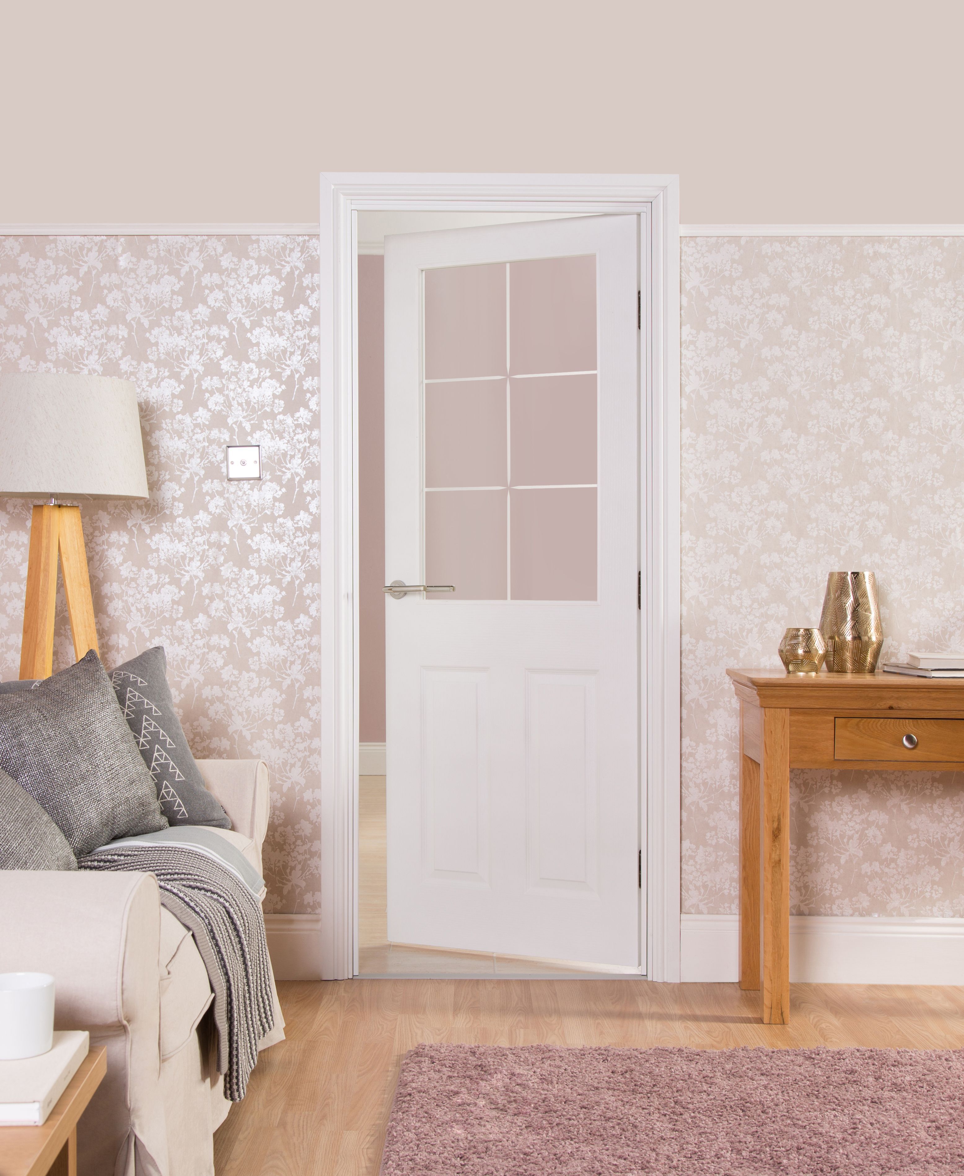 Jeld-Wen Painted woodgrain 2 panel Clear Glazed Contemporary White Internal Door, (H)1981mm (W)838mm (T)35mm