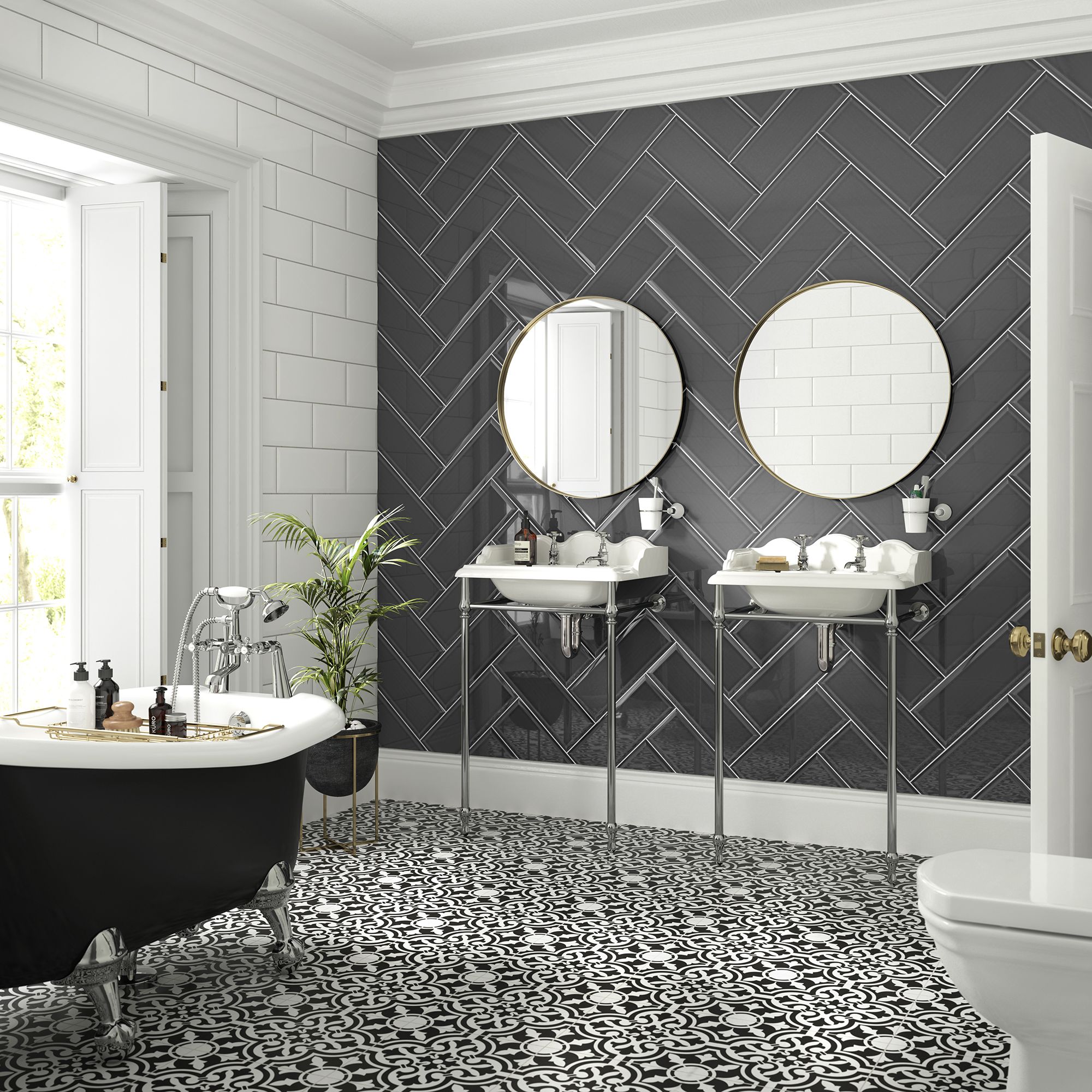 Johnson Tiles Bevel Graphite Gloss Ceramic Indoor Wall Tile, (L)400mm (W)150mm, 1.02m²