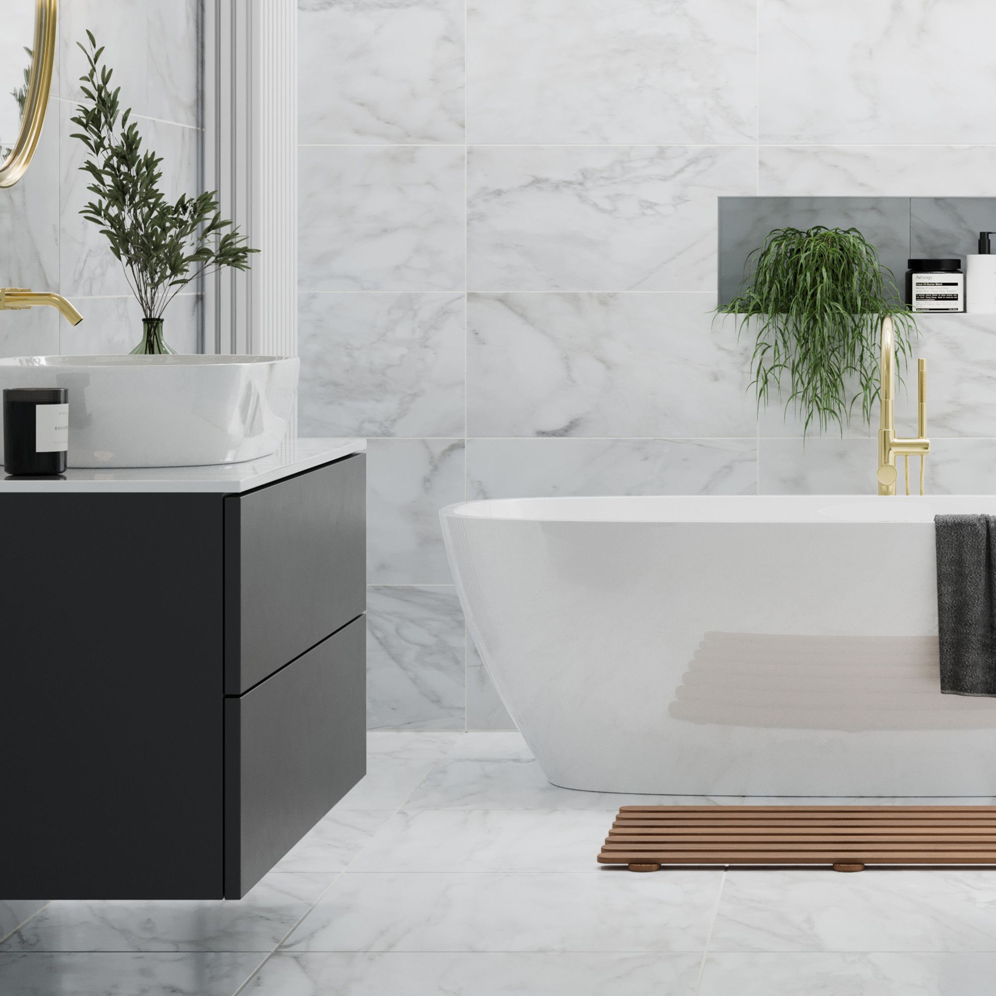 Johnson Tiles Bianco Taupe Satin Marble effect Ceramic Indoor Wall & floor Tile, Pack of 5, (L)600mm (W)300mm