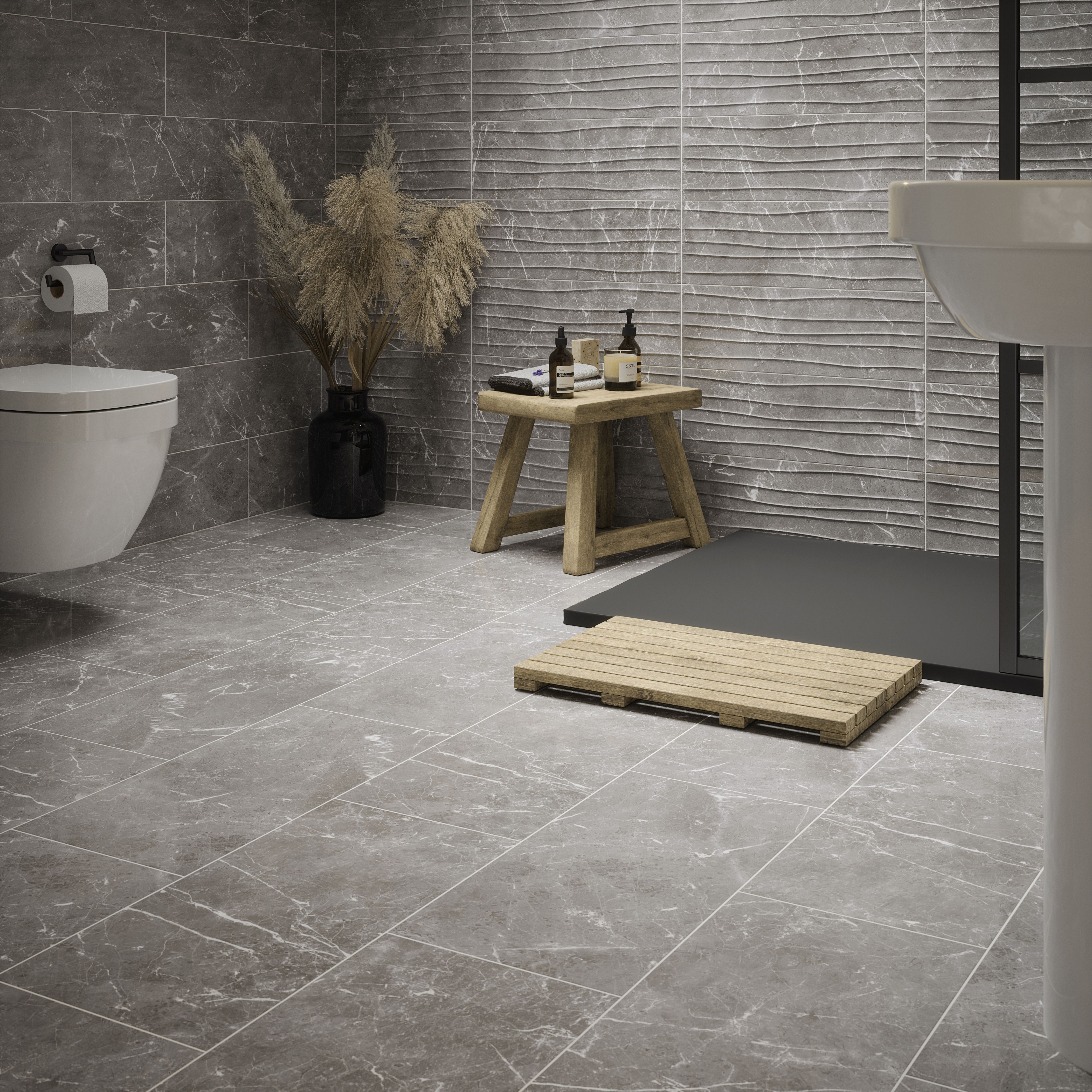 Johnson Tiles Lusso Grey Gloss Marble effect Ceramic Indoor Wall Tile, Pack of 8, (L)600mm (W)200mm