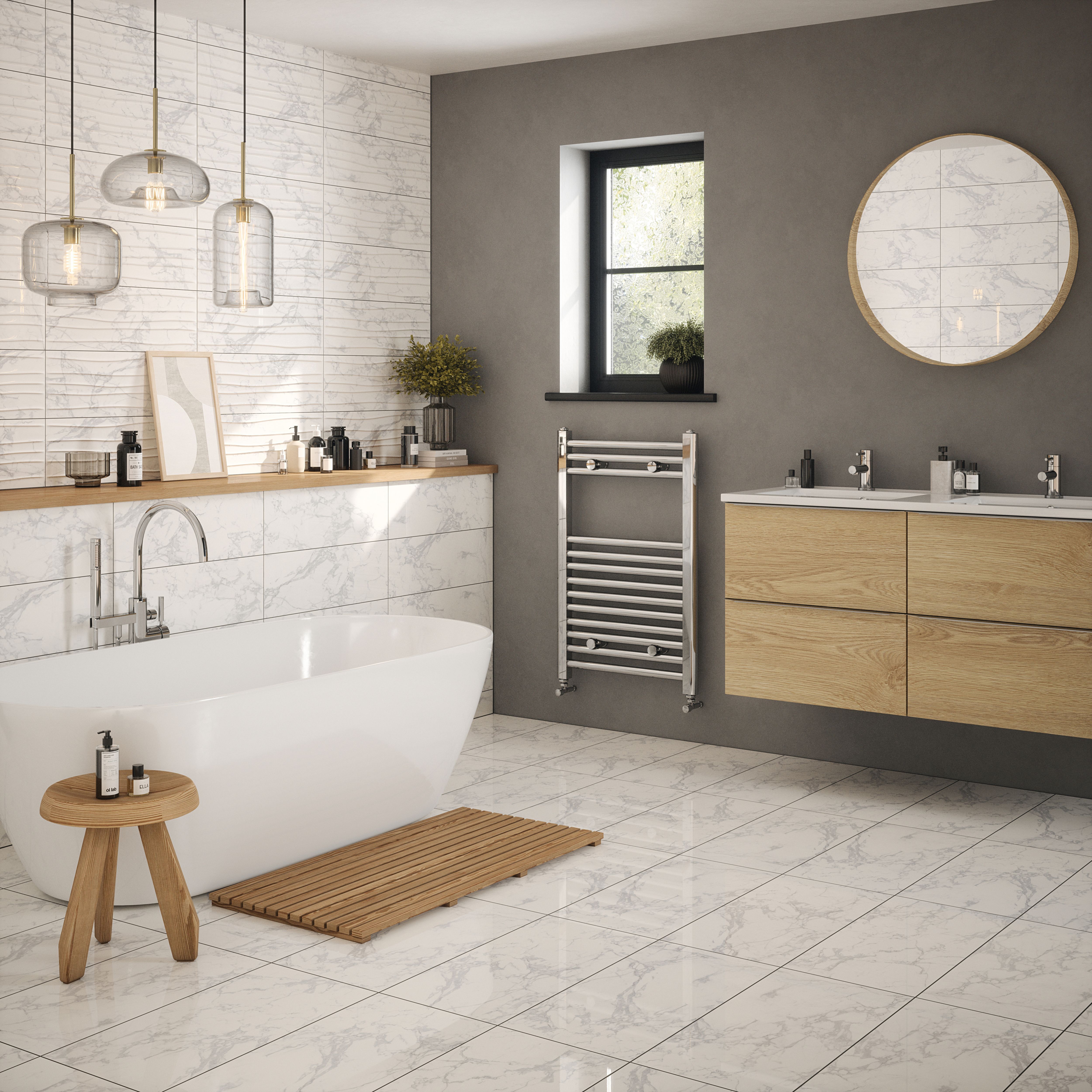 Johnson Tiles Lusso White Gloss Marble effect Ceramic Indoor Wall & floor Tile, Pack of 5, (L)600mm (W)200mm