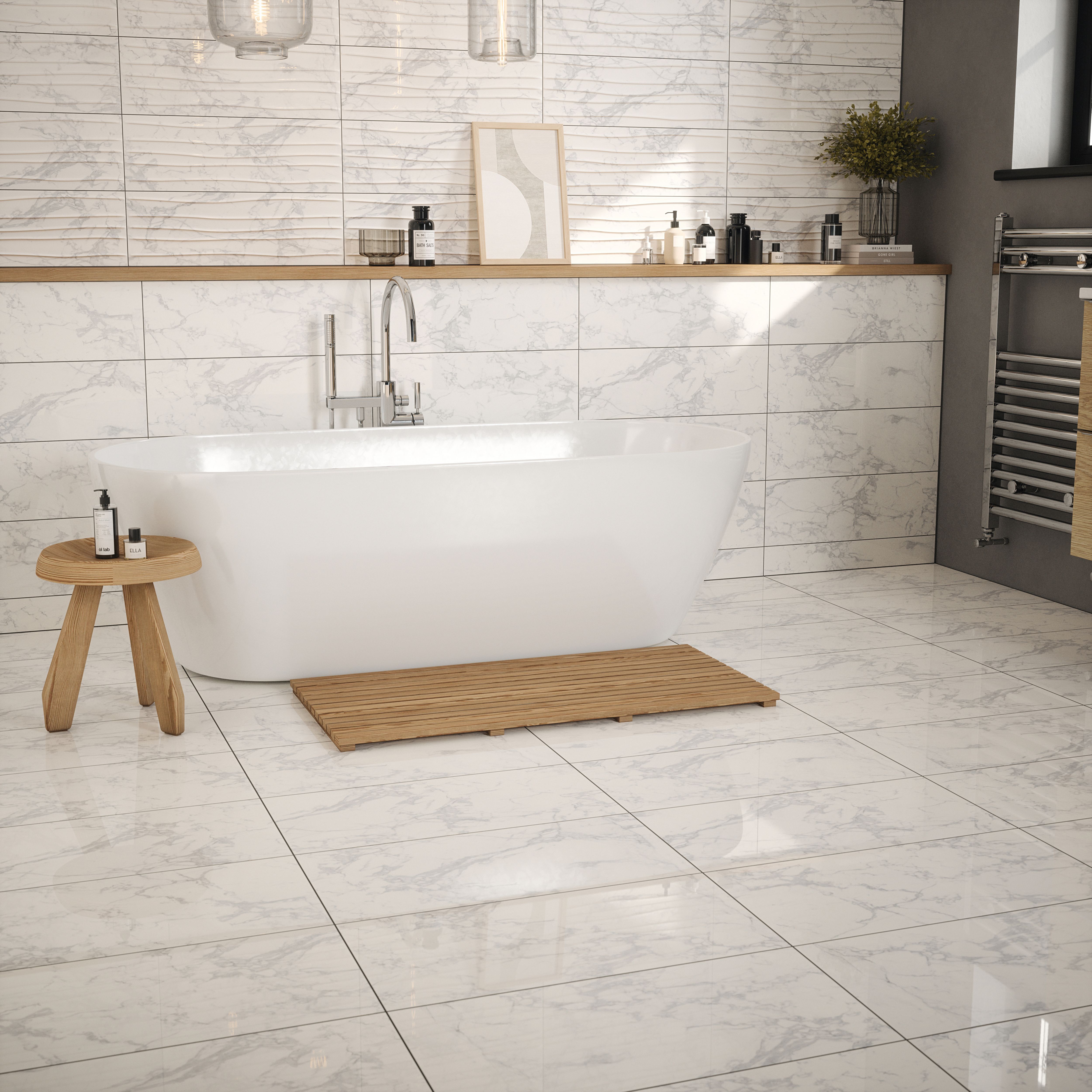 Johnson Tiles Lusso White Gloss Marble effect Ceramic Indoor Wall & floor Tile, Pack of 5, (L)600mm (W)300mm