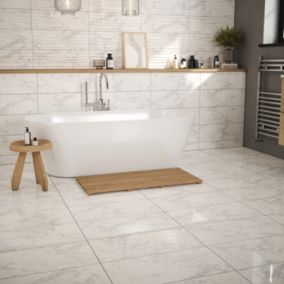 Johnson Tiles Lusso White Gloss Marble effect Ceramic Indoor Wall & floor Tile, Pack of 5, (L)600mm (W)300mm