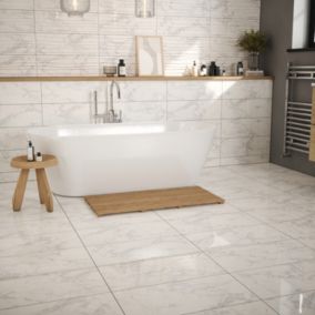 Johnson Tiles Lusso White Gloss Marble effect Ceramic Wall & floor Tile, Pack of 5, (L)600mm (W)300mm
