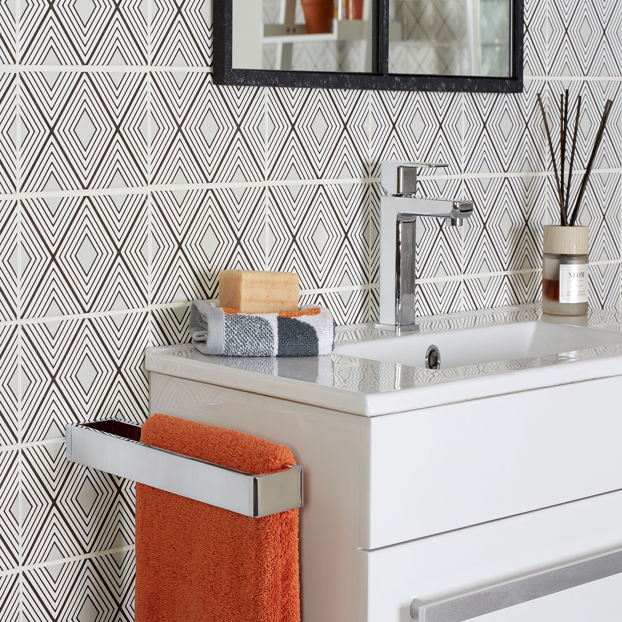 Johnson Tiles Monochrome Black & white Gloss Patterned Ceramic Indoor Wall Tile Sample