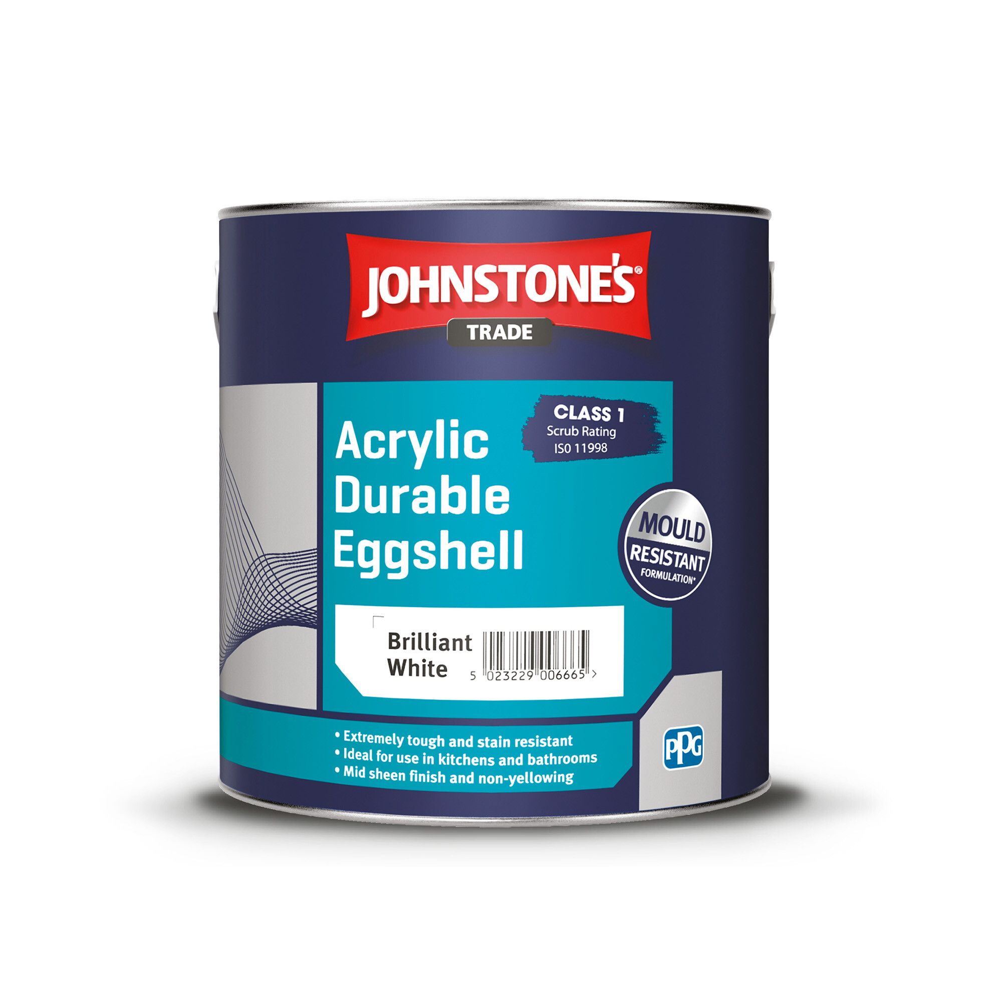 Johnstone's Trade Acrylic Durable Brilliant White Eggshell Interior Multi-surface Paint, 2.5L