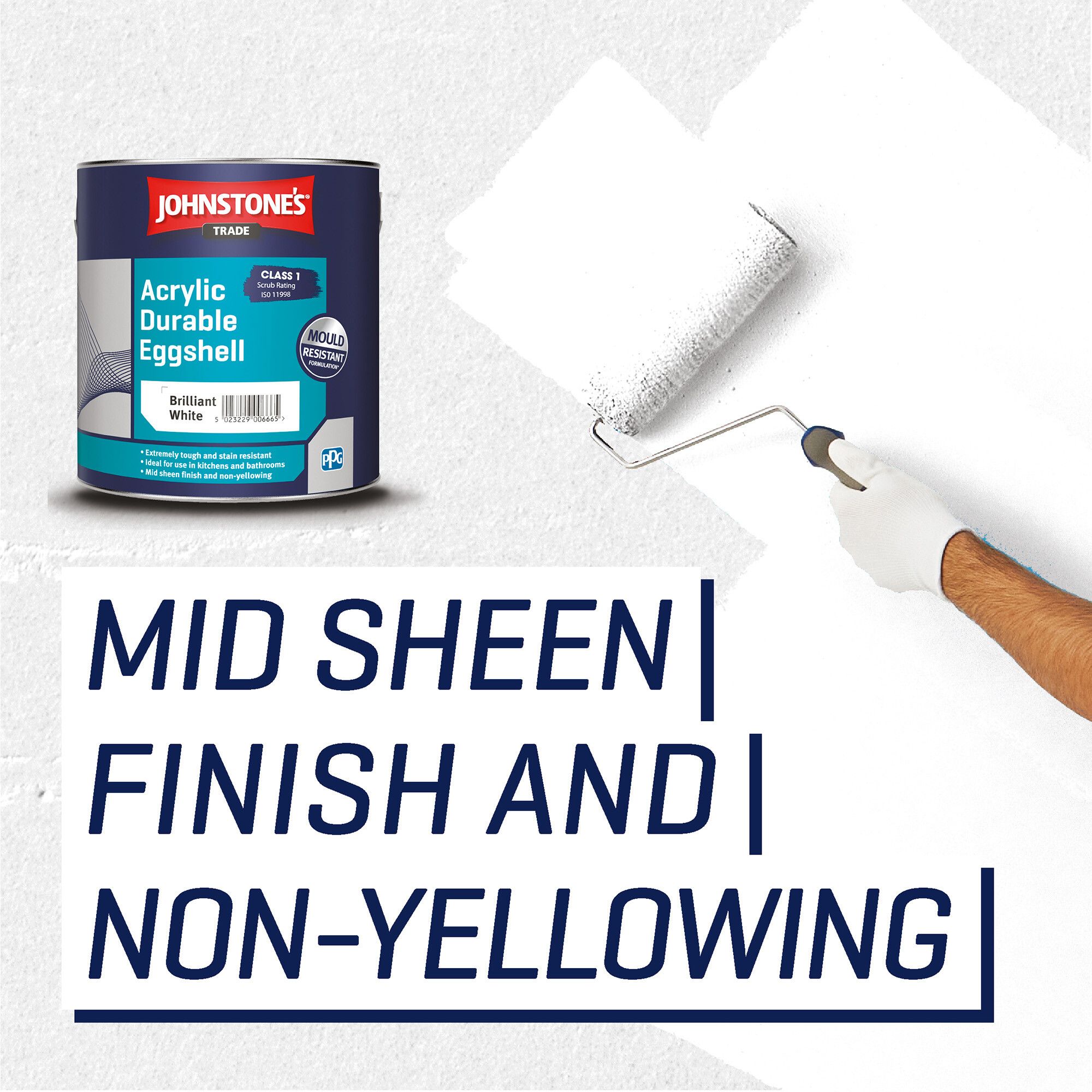 Johnstone's Trade Acrylic Durable Brilliant White Eggshell Interior Multi-surface Paint, 2.5L
