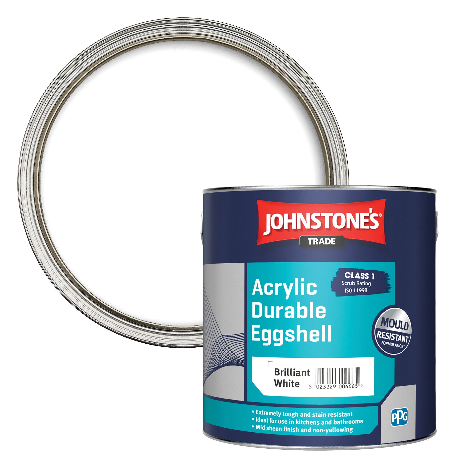 Johnstone's Trade Acrylic Durable Brilliant White Eggshell Interior Multi-surface Paint, 2.5L